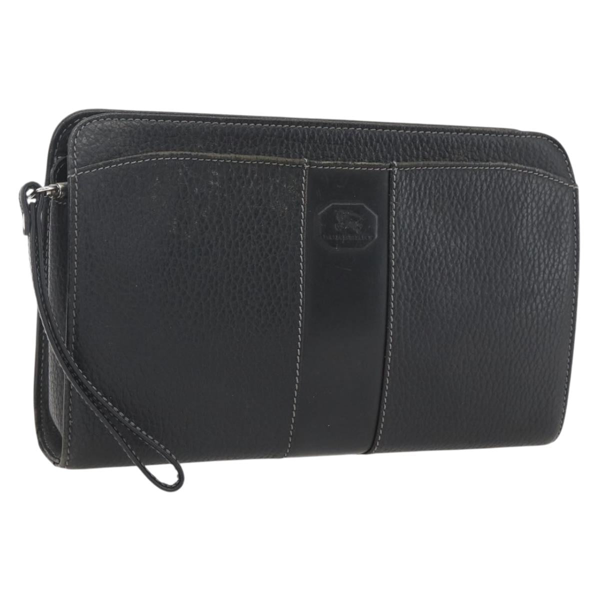 BURBERRY Clutch Bag Leather Black Silver Auth ka1315
