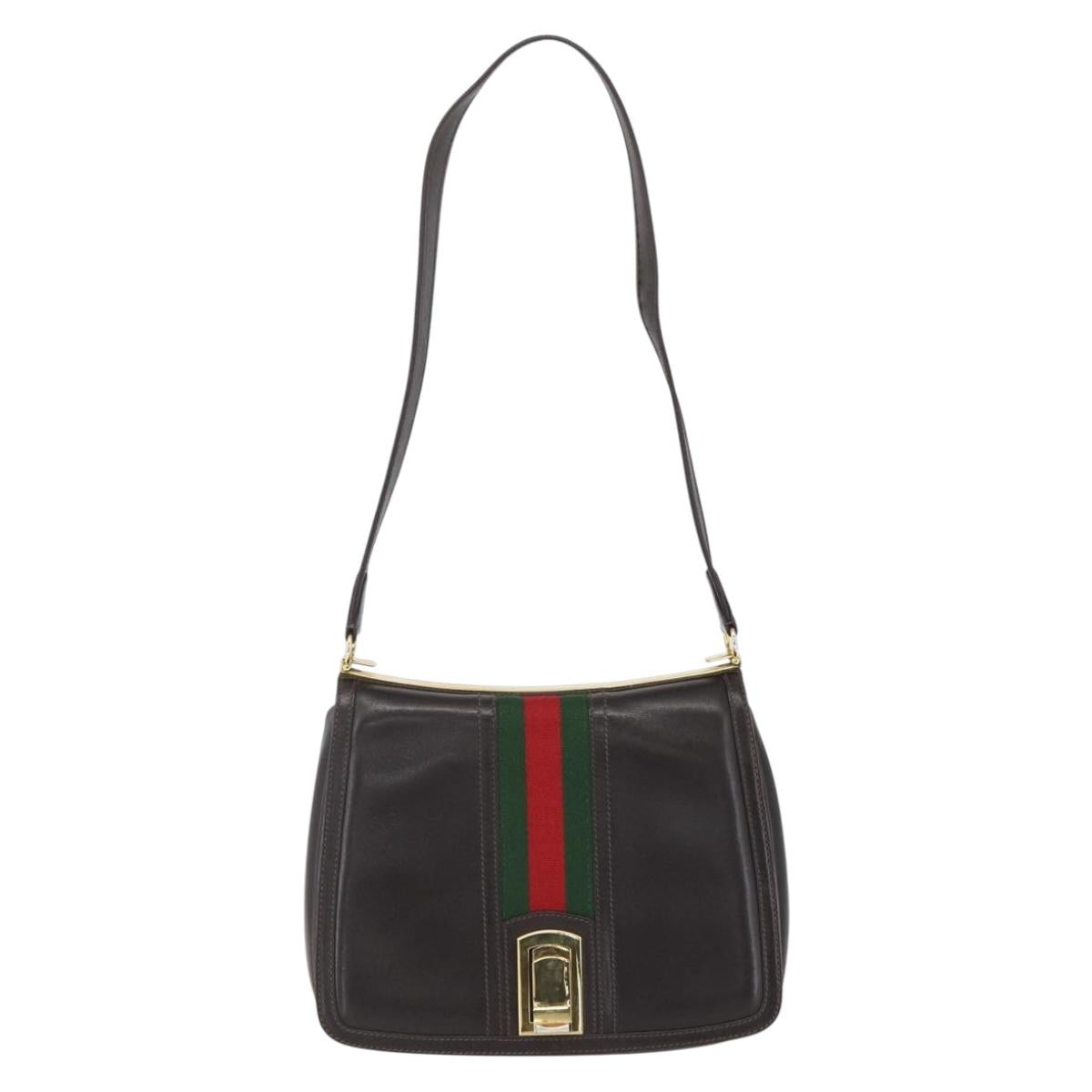 GUCCI Web Sherry Line Shoulder Bag Leather Brown Gold Auth ka1343