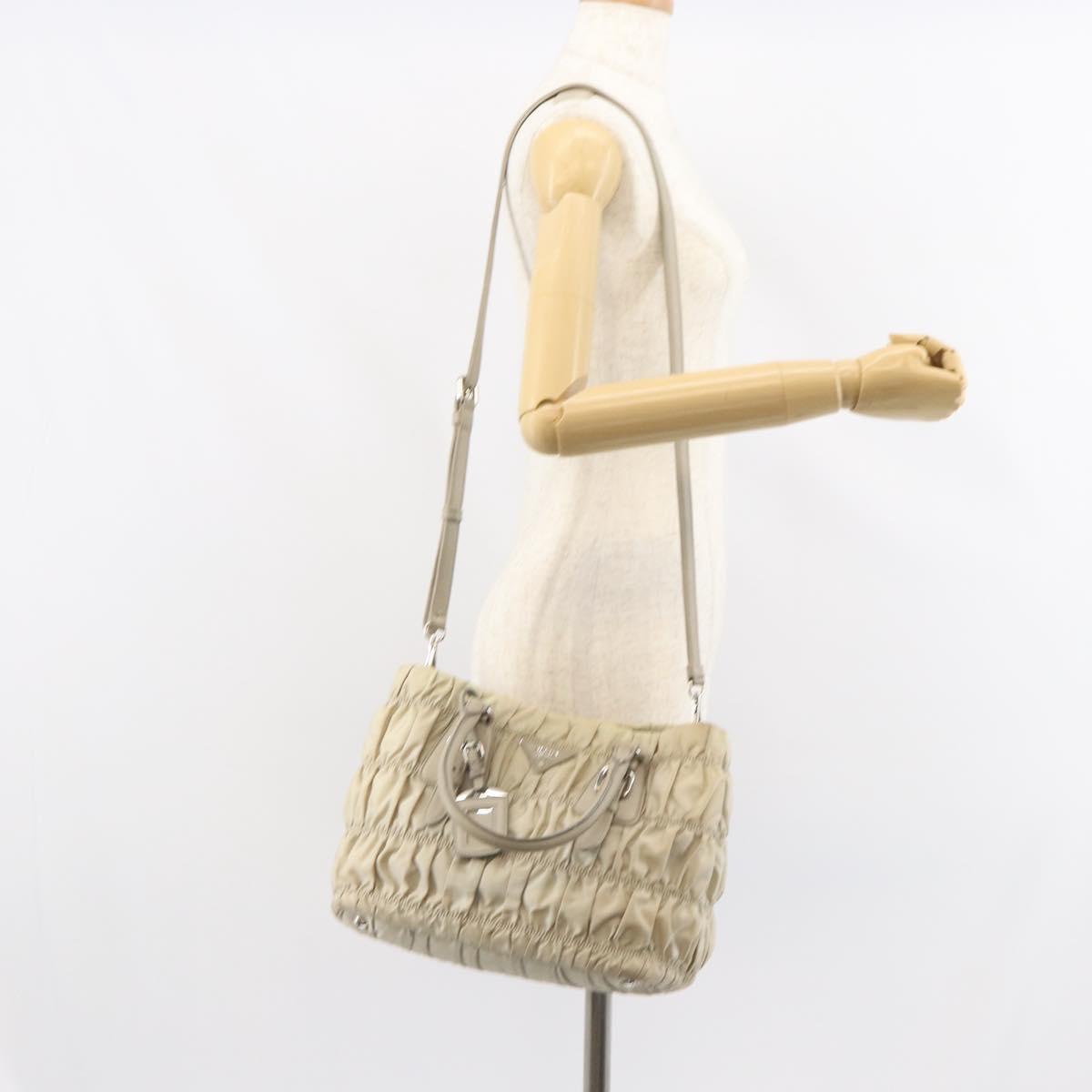 PRADA Hand Bag Nylon 2way Beige Silver Auth ka1368