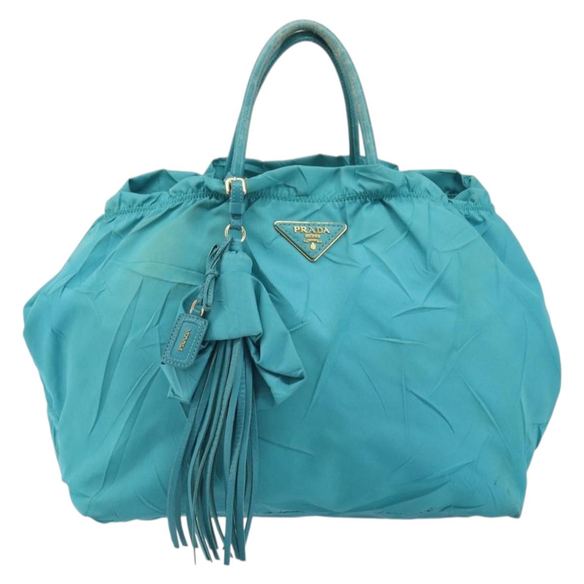 PRADA Hand Bag Nylon Light Blue Gold Auth ka1374