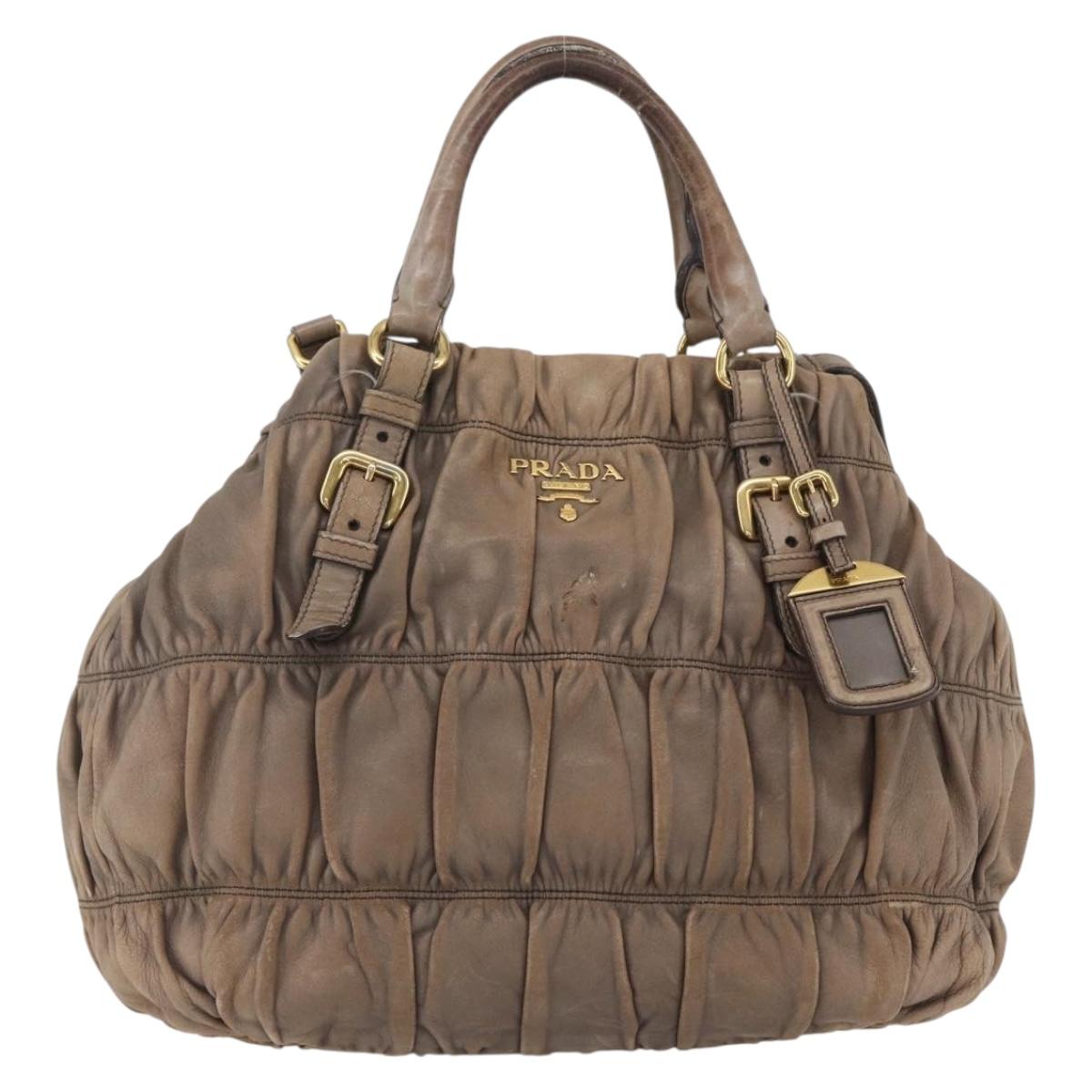 PRADA Hand Bag Leather 2way Beige Gold Auth ka1381