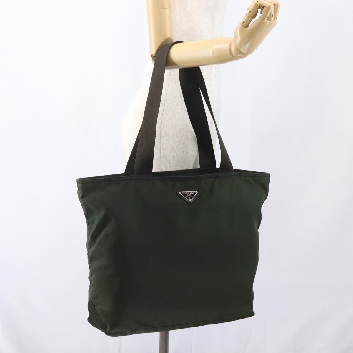 PRADA Tote Bag Nylon Khaki Silver Auth ka1393