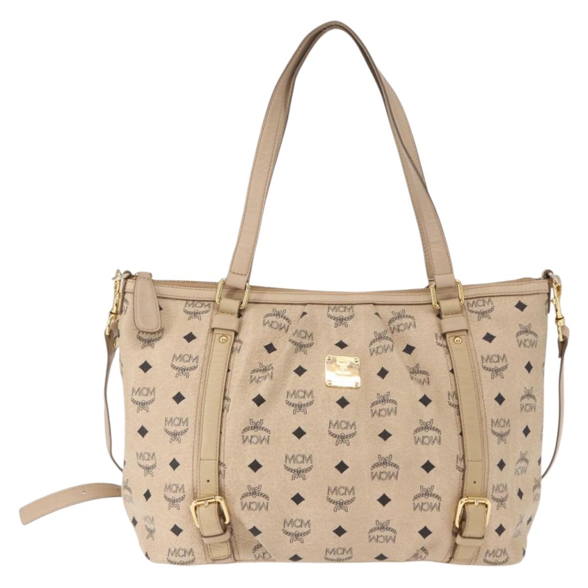 MCM Vicetos Logogram Tote Bag PVC Leather 2way Beige Gold Auth ka1395