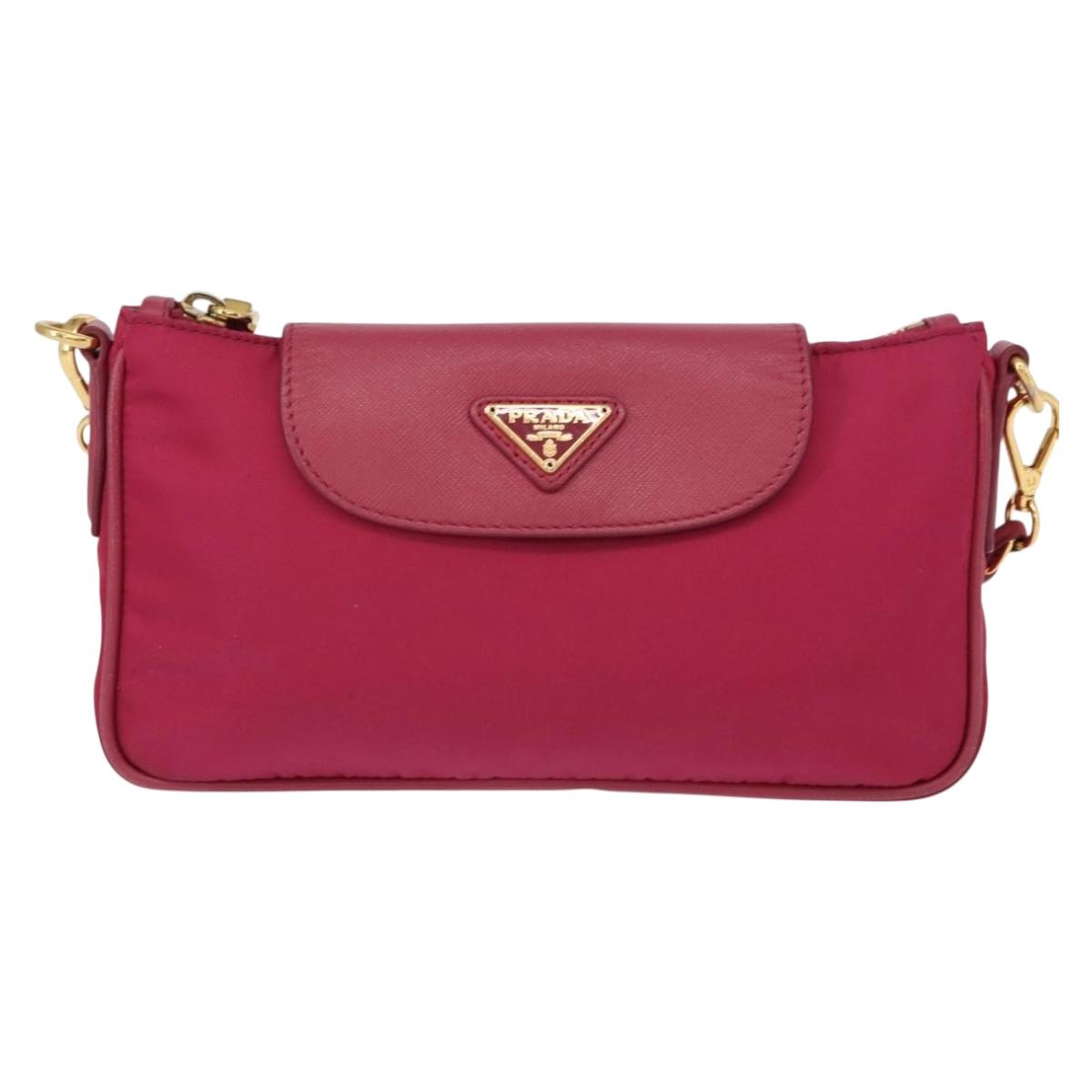 PRADA Chain Shoulder Bag Nylon Leather Pink Gold Auth ka140