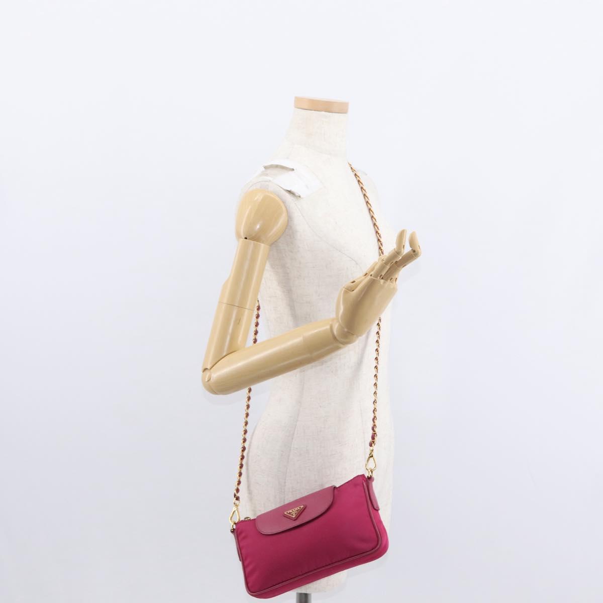 PRADA Chain Shoulder Bag Nylon Leather Pink Gold Auth ka140