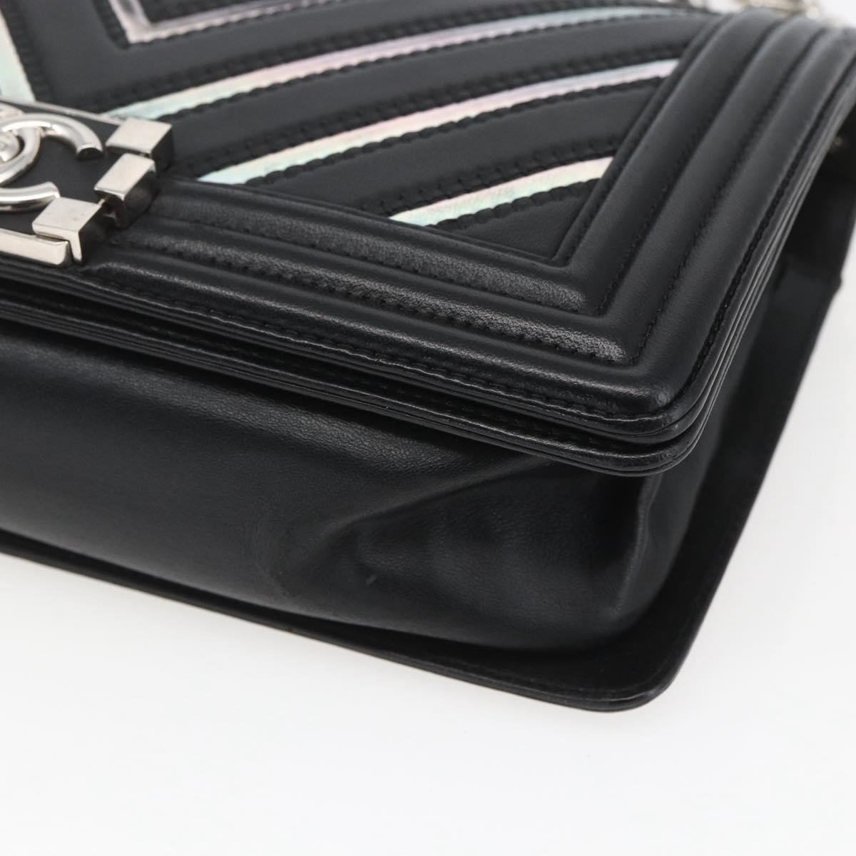 CHANEL Chain Boy Chanel V Stitch Bag Leather Black Silver CC Auth ka1417SAM