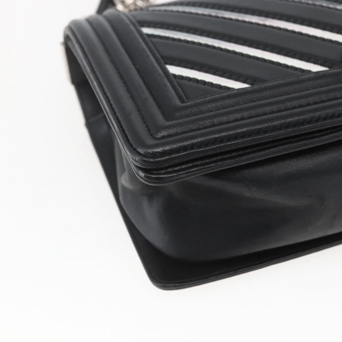 CHANEL Chain Boy Chanel V Stitch Bag Leather Black Silver CC Auth ka1417SAM
