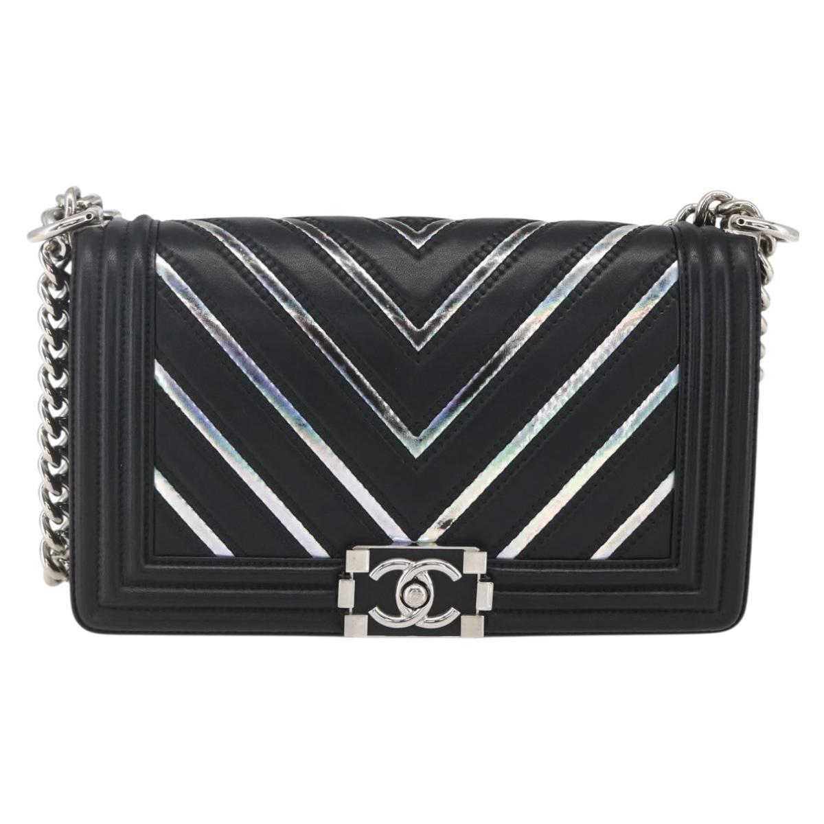 CHANEL Chain Boy Chanel V Stitch Bag Leather Black Silver CC Auth ka1417SAM