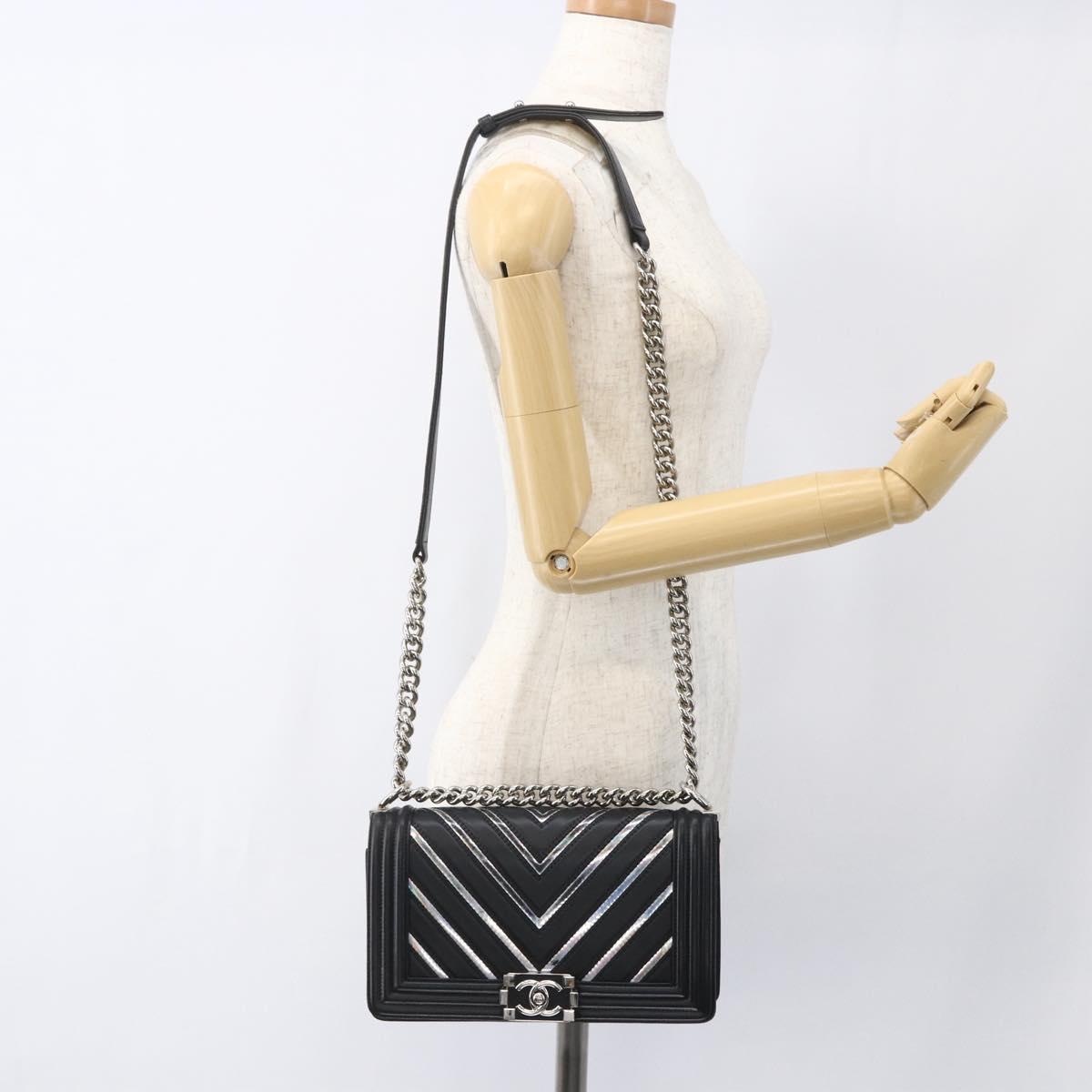 CHANEL Chain Boy Chanel V Stitch Bag Leather Black Silver CC Auth ka1417SAM