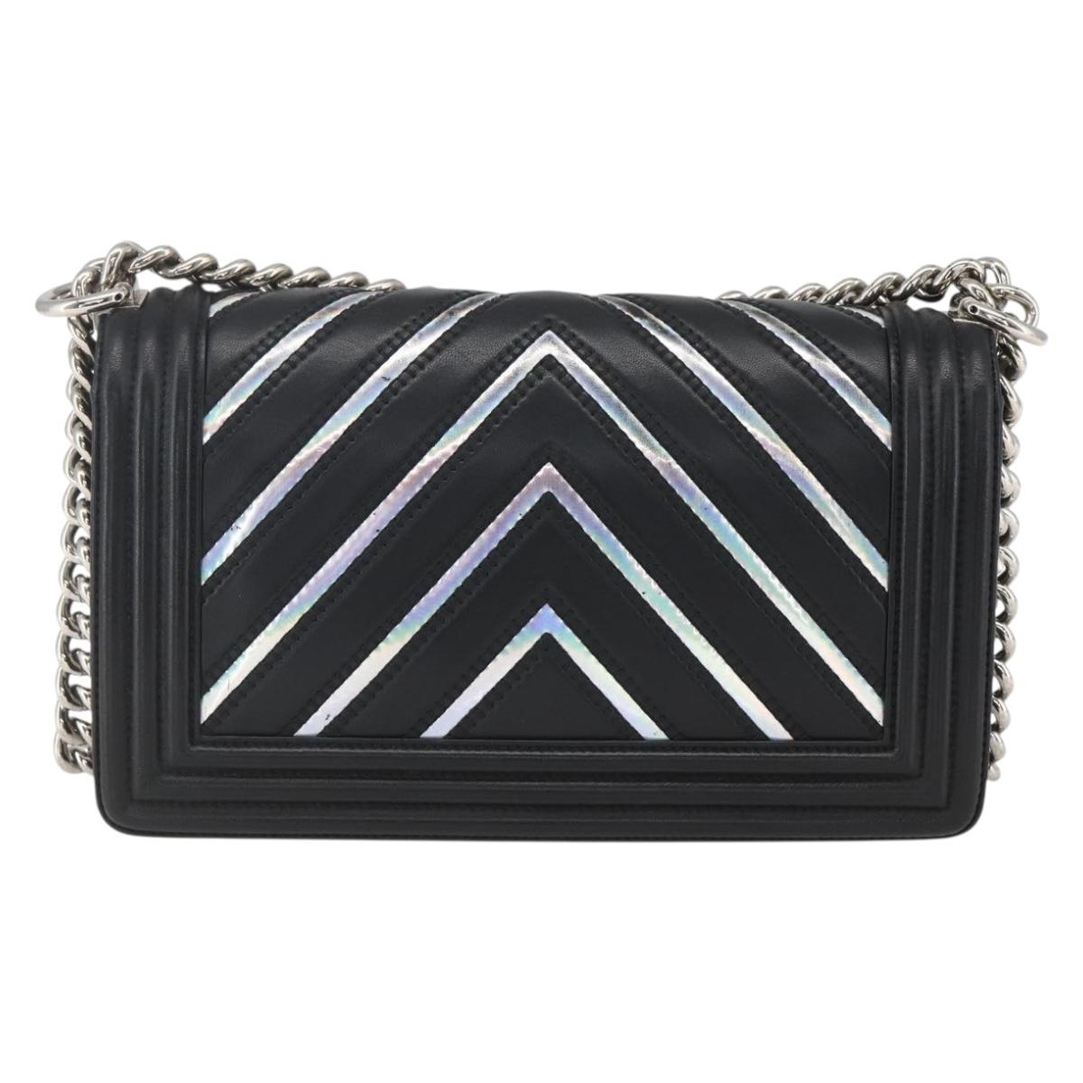CHANEL Chain Boy Chanel V Stitch Bag Leather Black Silver CC Auth ka1417SAM