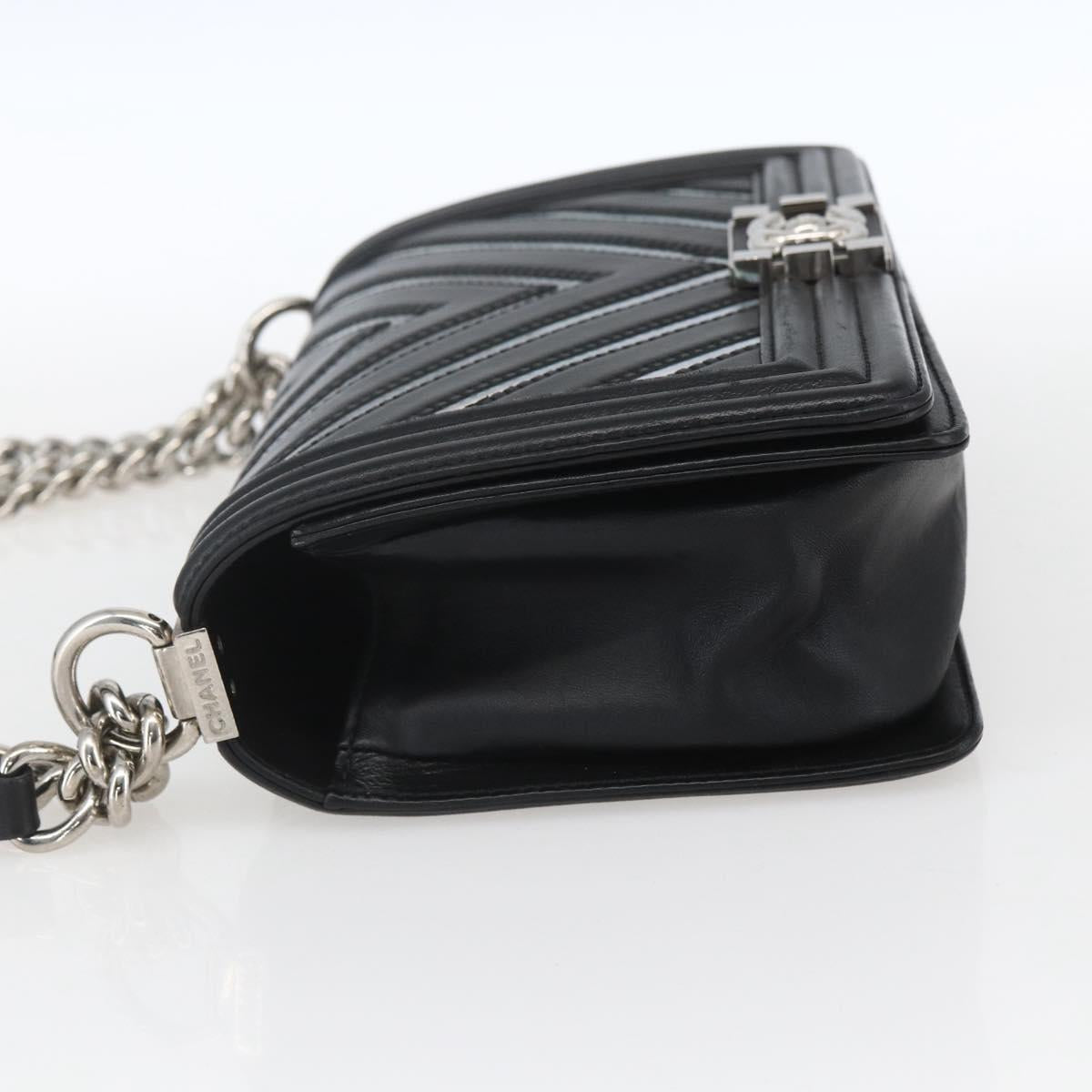 CHANEL Chain Boy Chanel V Stitch Bag Leather Black Silver CC Auth ka1417SAM