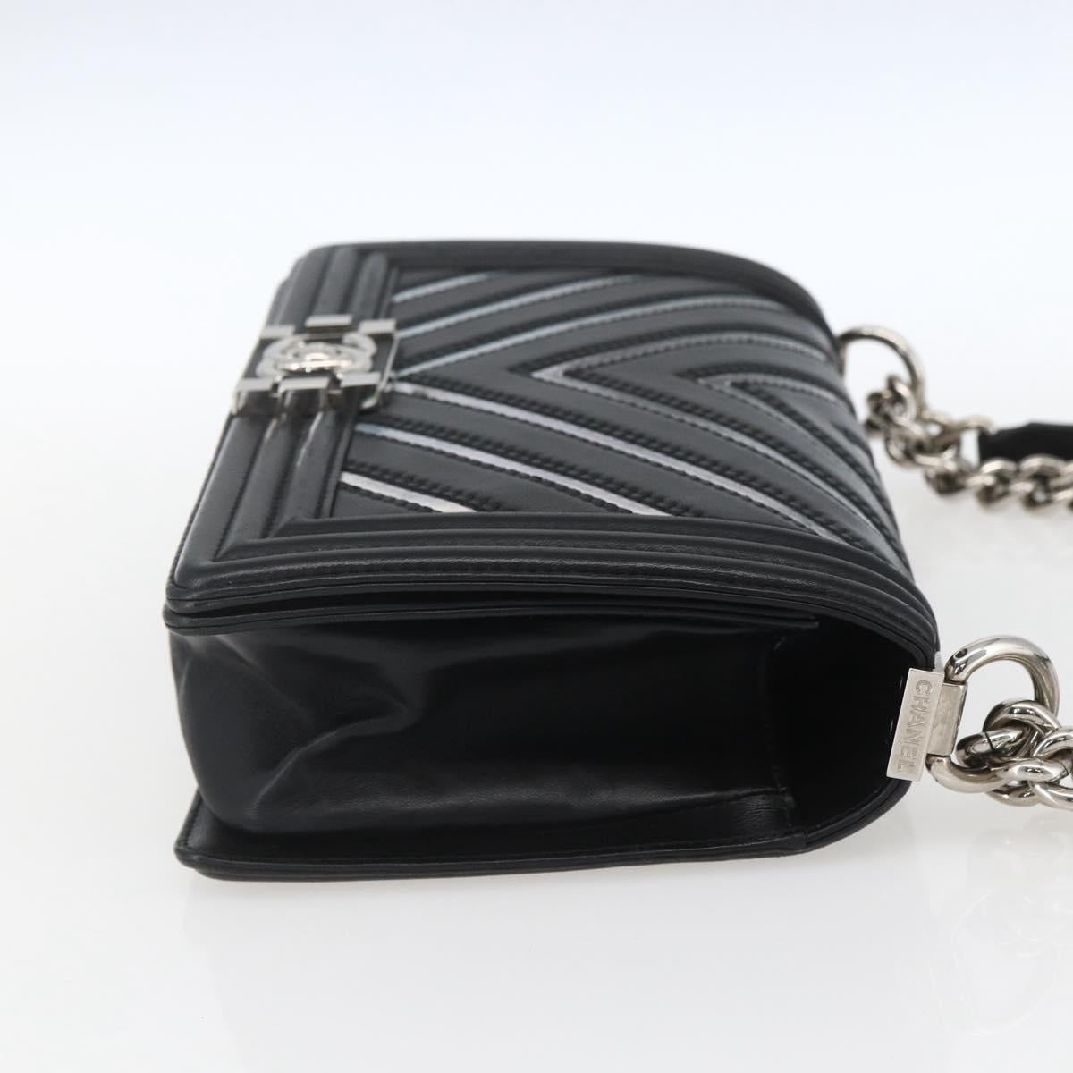 CHANEL Chain Boy Chanel V Stitch Bag Leather Black Silver CC Auth ka1417SAM