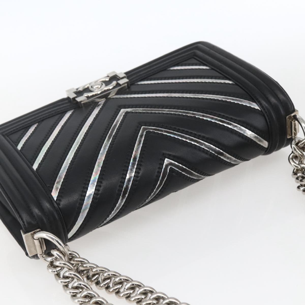 CHANEL Chain Boy Chanel V Stitch Bag Leather Black Silver CC Auth ka1417SAM
