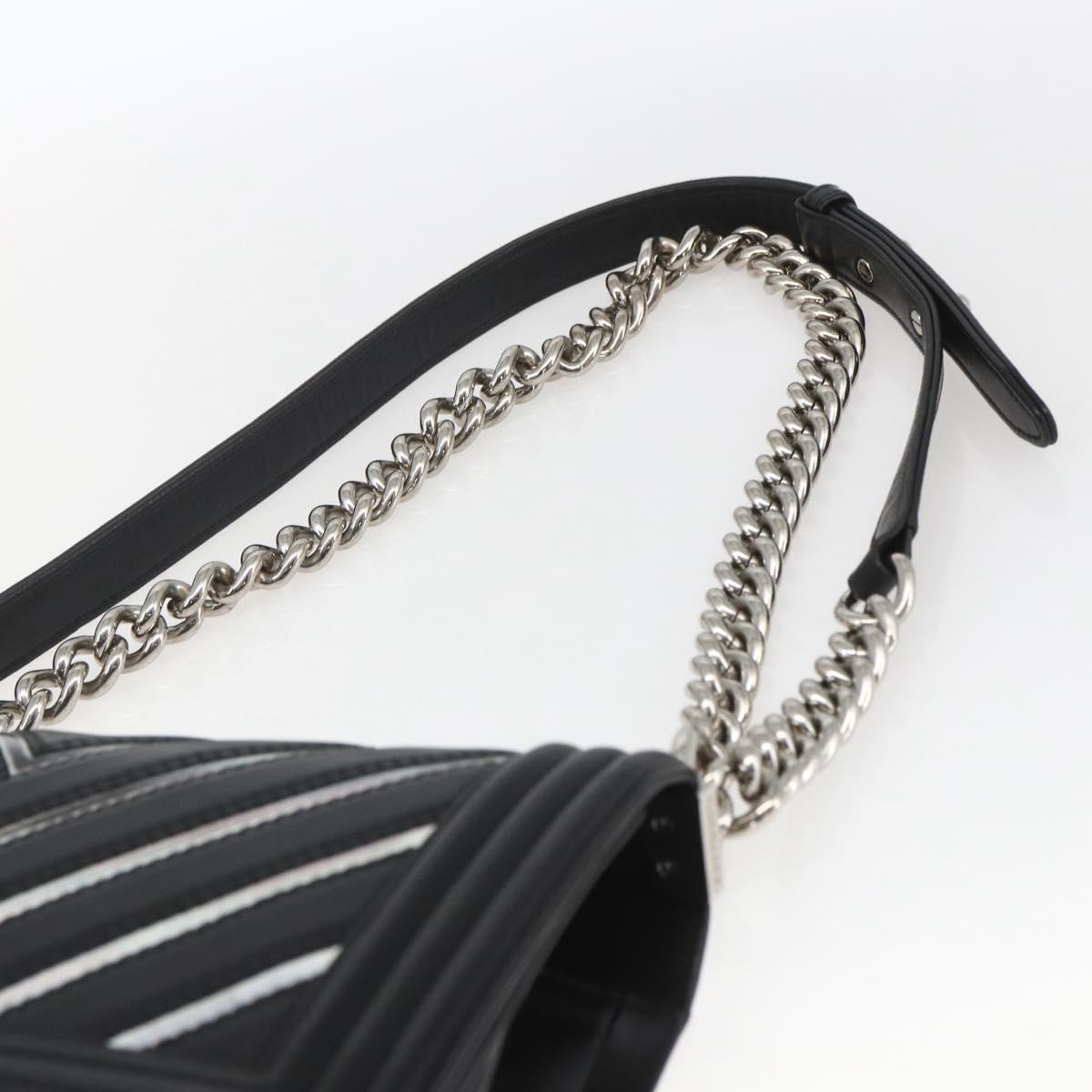 CHANEL Chain Boy Chanel V Stitch Bag Leather Black Silver CC Auth ka1417SAM
