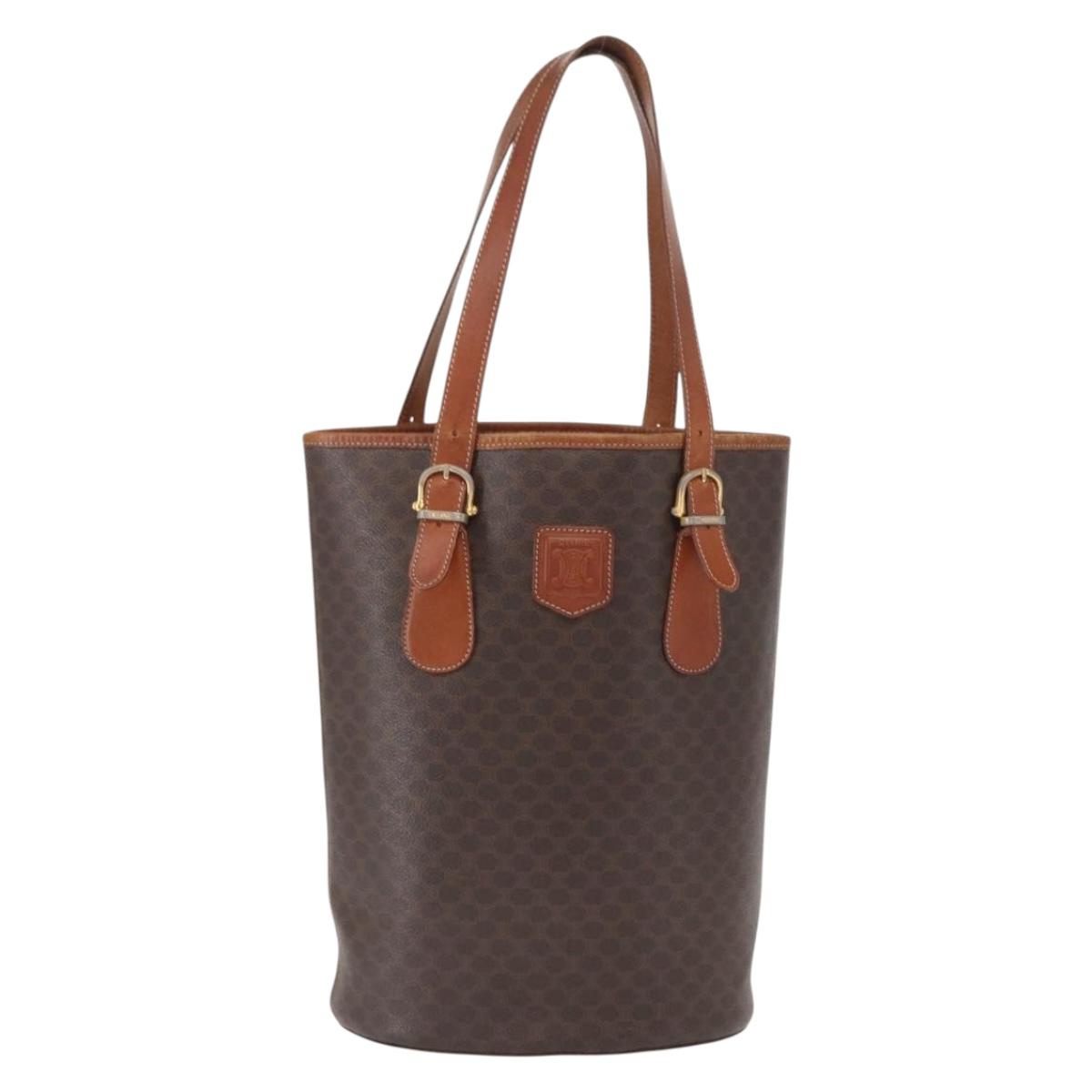 CELINE Macadam Canvas Tote Bag PVC Leather Brown Gold Auth ka1426