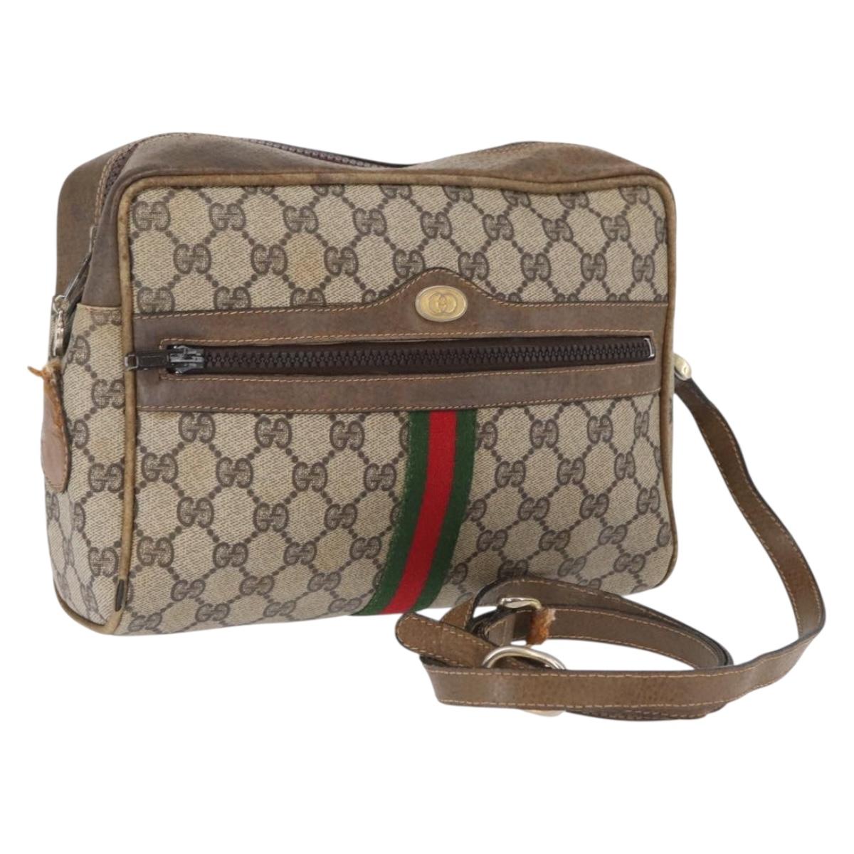 GUCCI GG Supreme Web Sherry Line Shoulder Bag PVC Beige Gold Red Auth ka1433