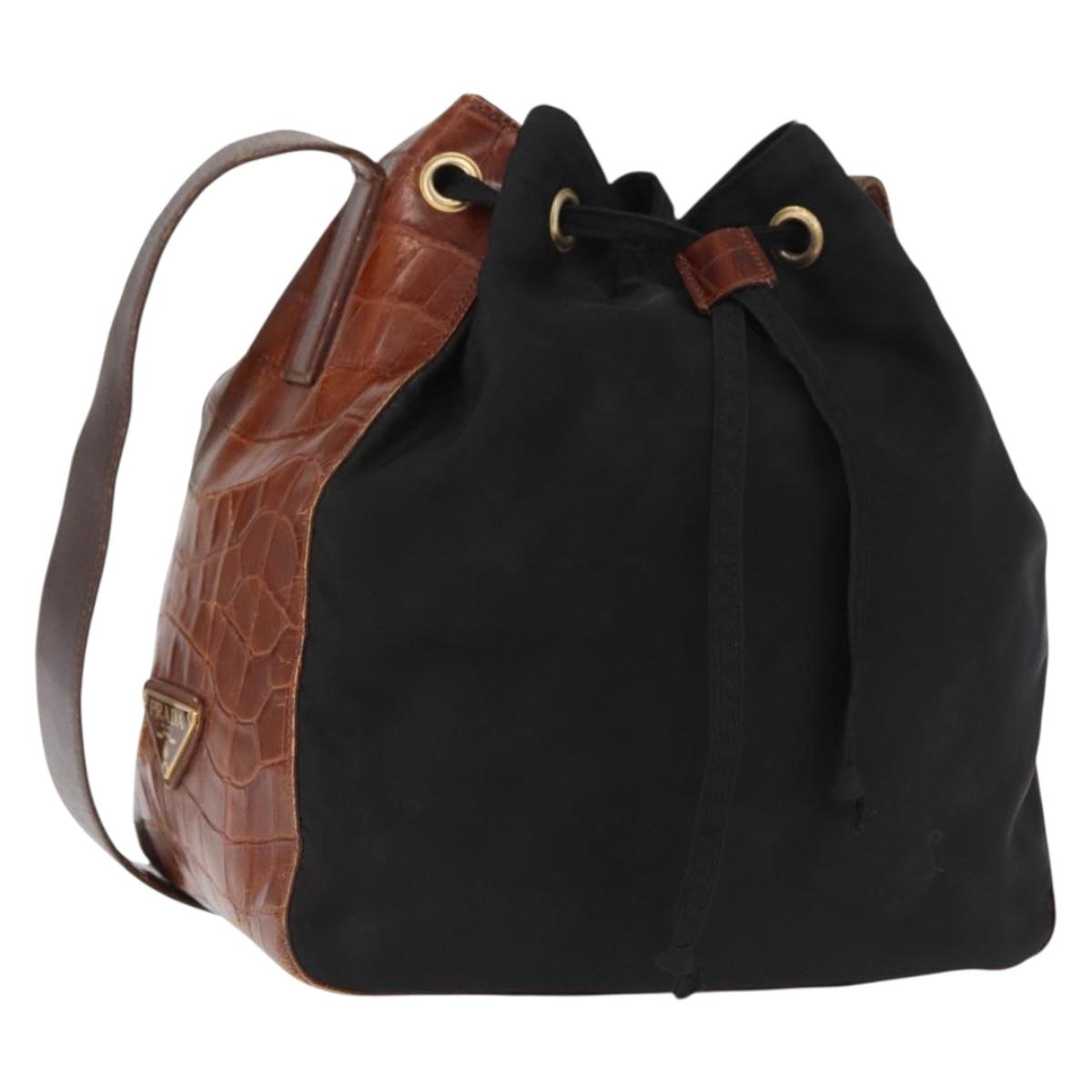 PRADA Shoulder Bag Nylon Leather Black Gold Auth ka1434