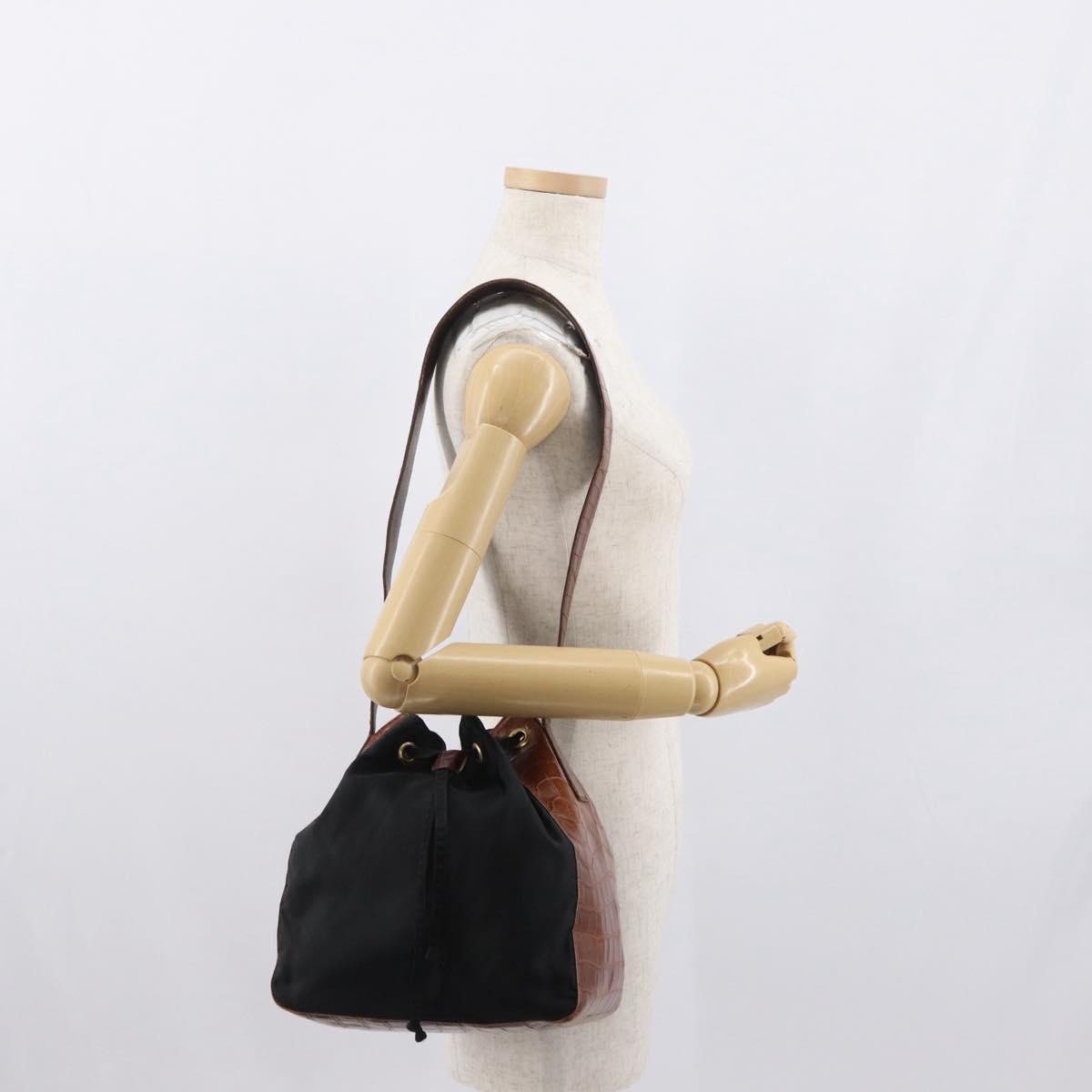 PRADA Shoulder Bag Nylon Leather Black Gold Auth ka1434