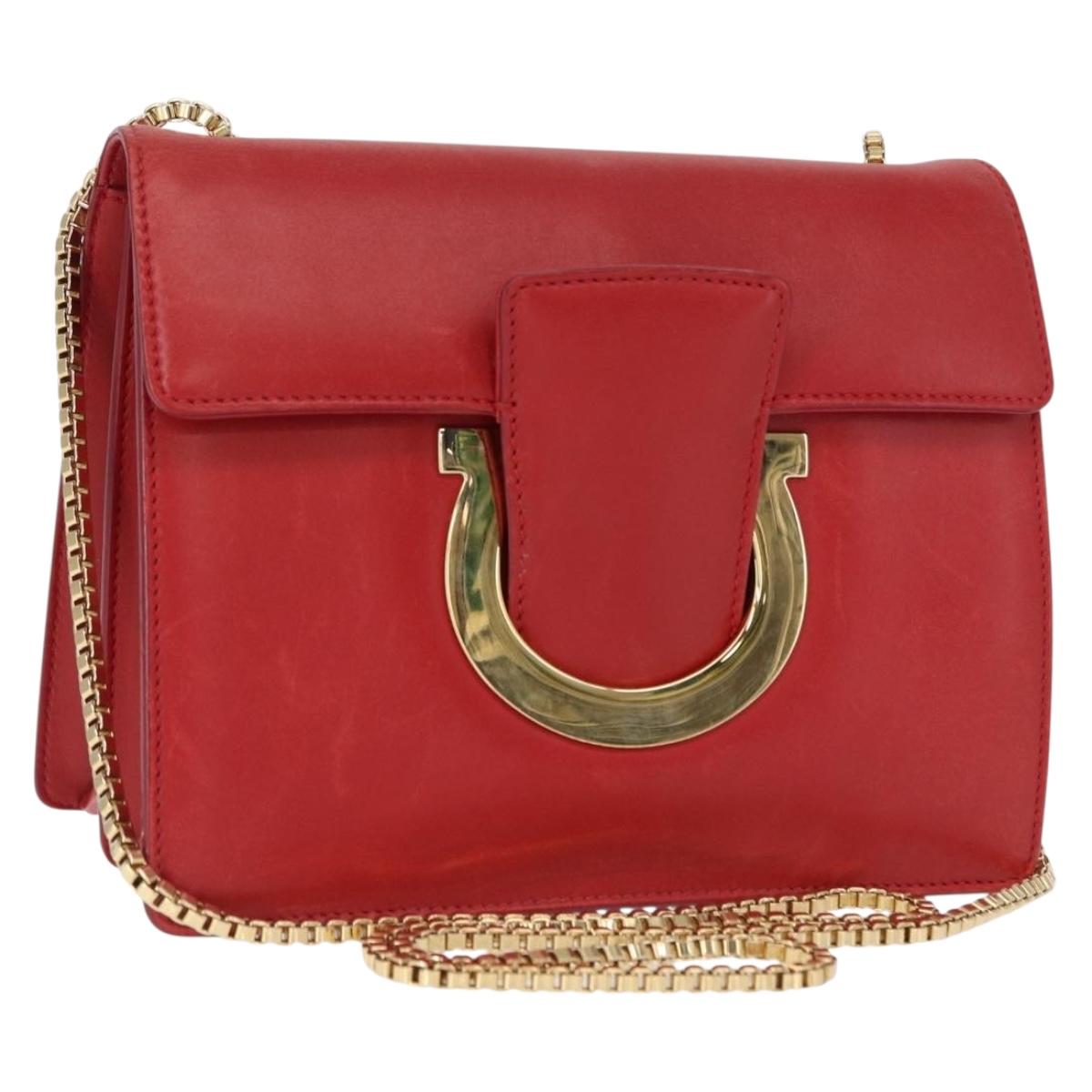 Salvatore Ferragamo Chain Shoulder Bag Leather Red Gold Auth ka1446
