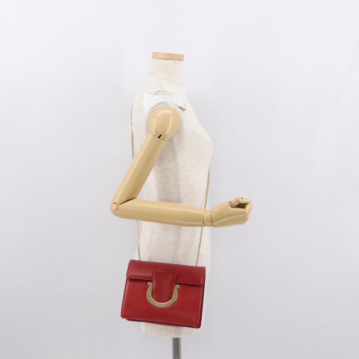 Salvatore Ferragamo Chain Shoulder Bag Leather Red Gold Auth ka1446