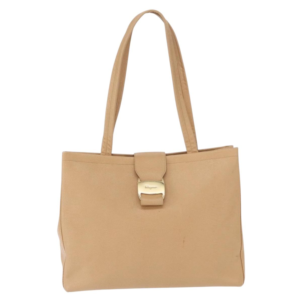 Salvatore Ferragamo Vala Tote Bag Leather Beige Gold Auth ka1447