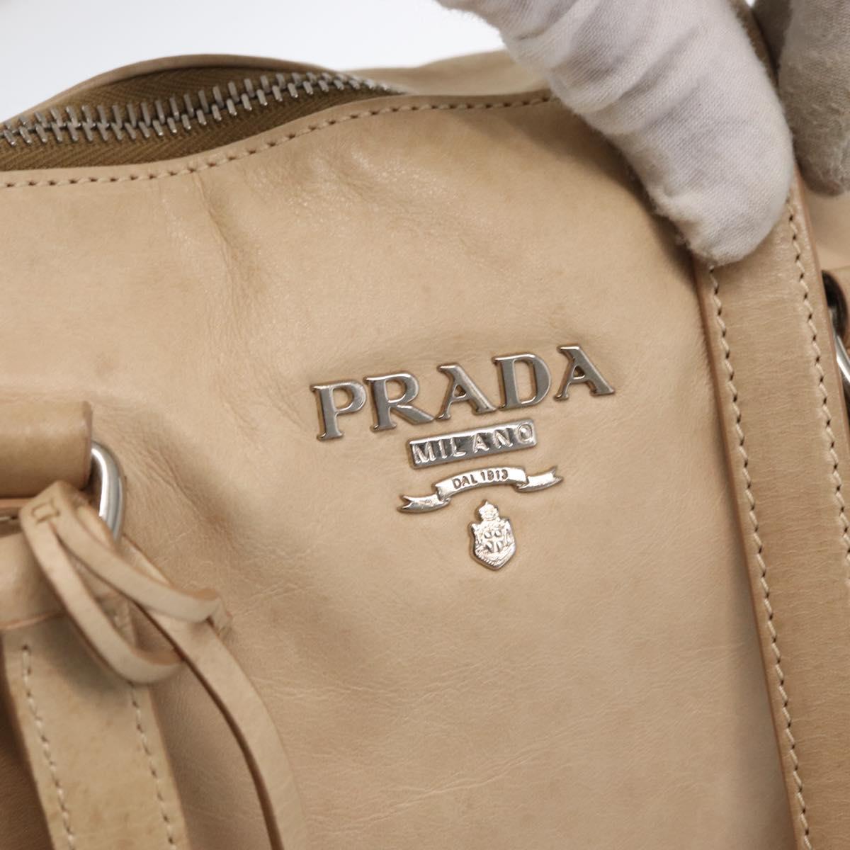 PRADA Tote Bag Leather Beige Silver Auth ka1448