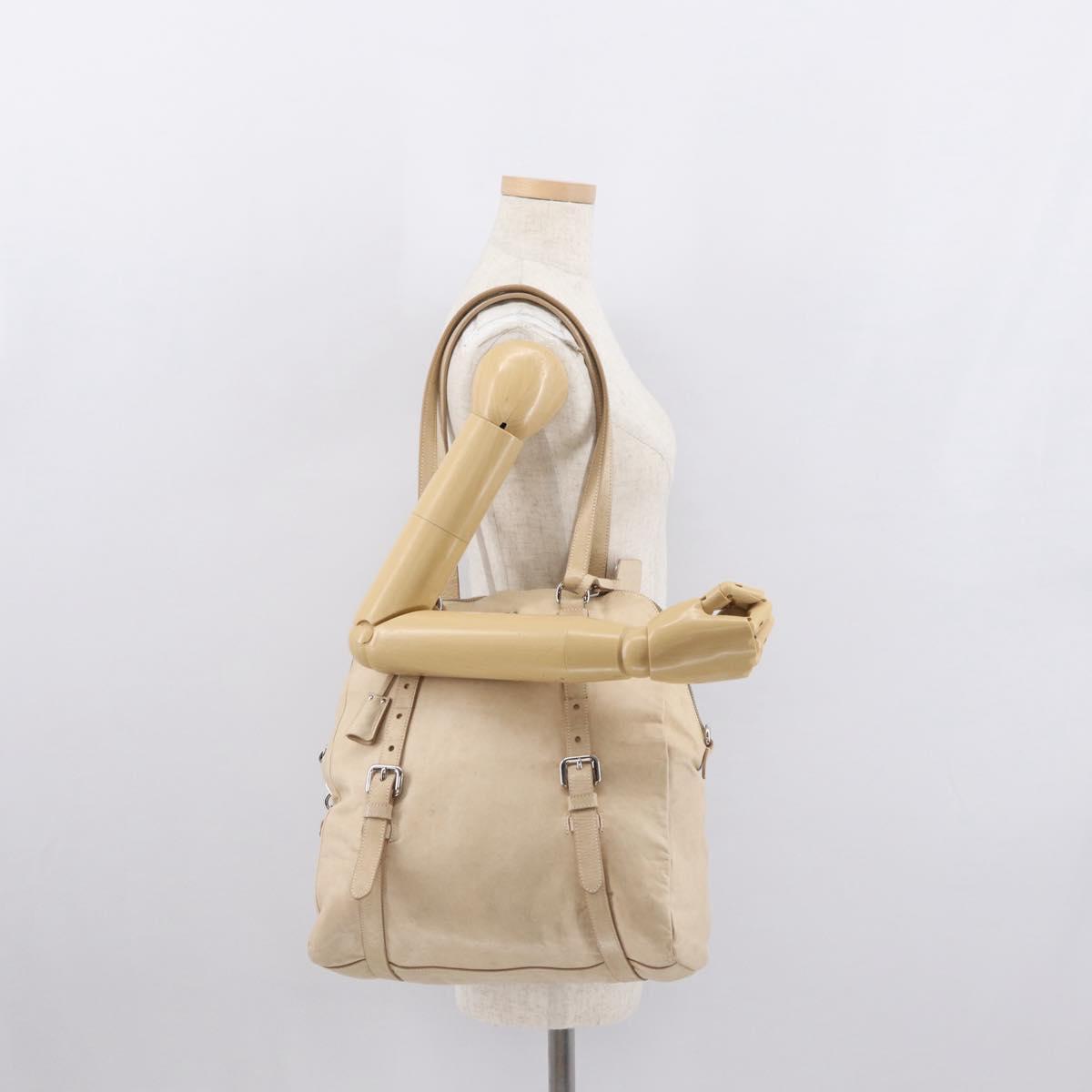 PRADA Tote Bag Leather Beige Silver Auth ka1448