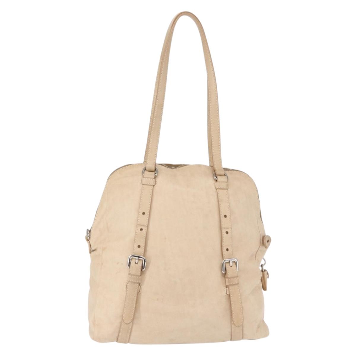 PRADA Tote Bag Leather Beige Silver Auth ka1448
