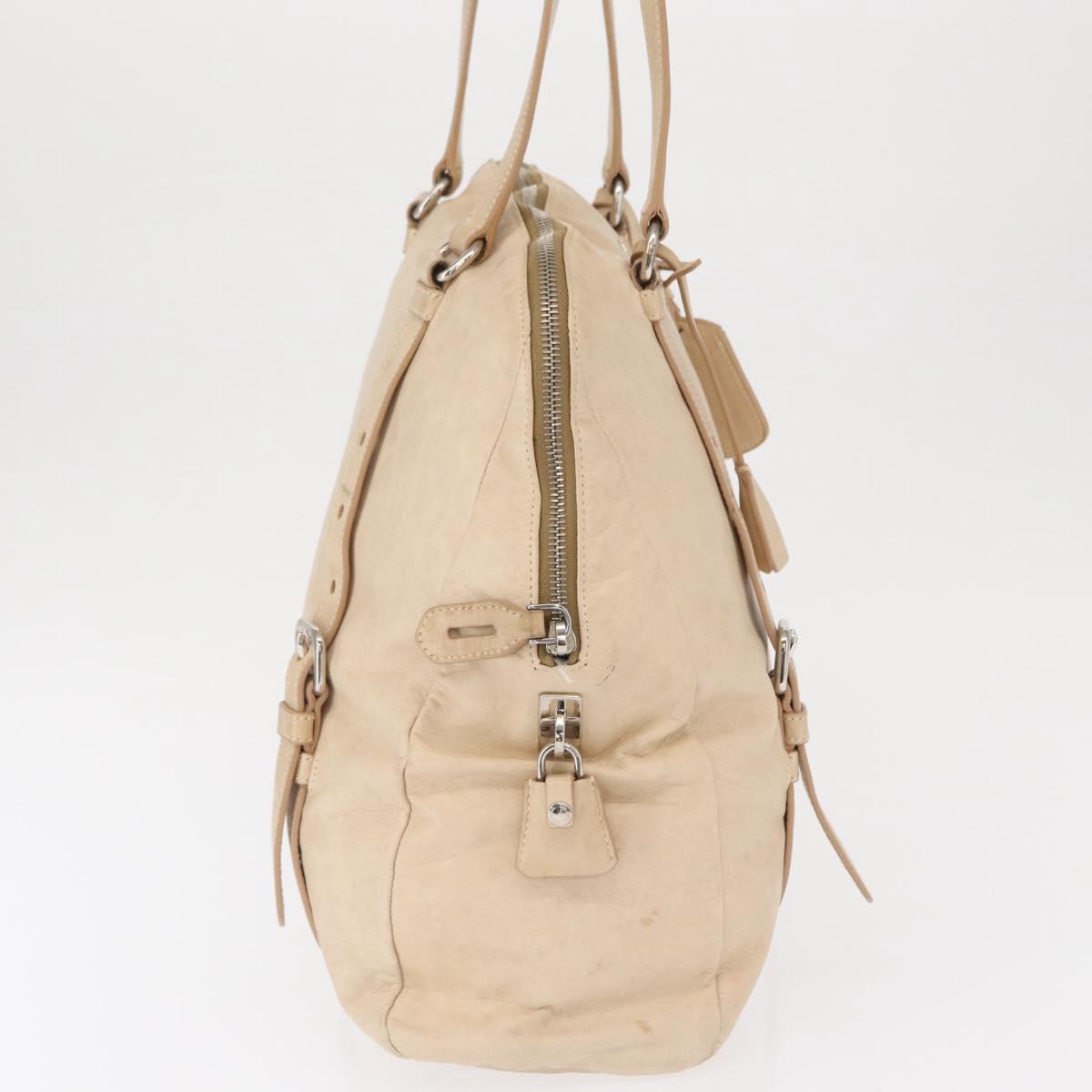 PRADA Tote Bag Leather Beige Silver Auth ka1448