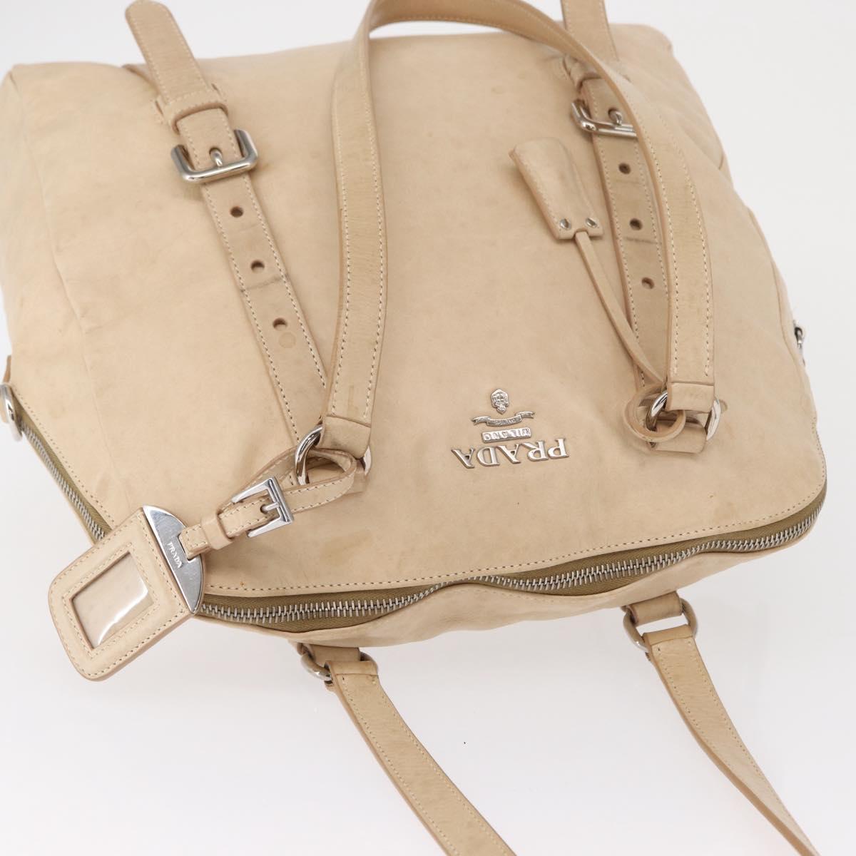 PRADA Tote Bag Leather Beige Silver Auth ka1448