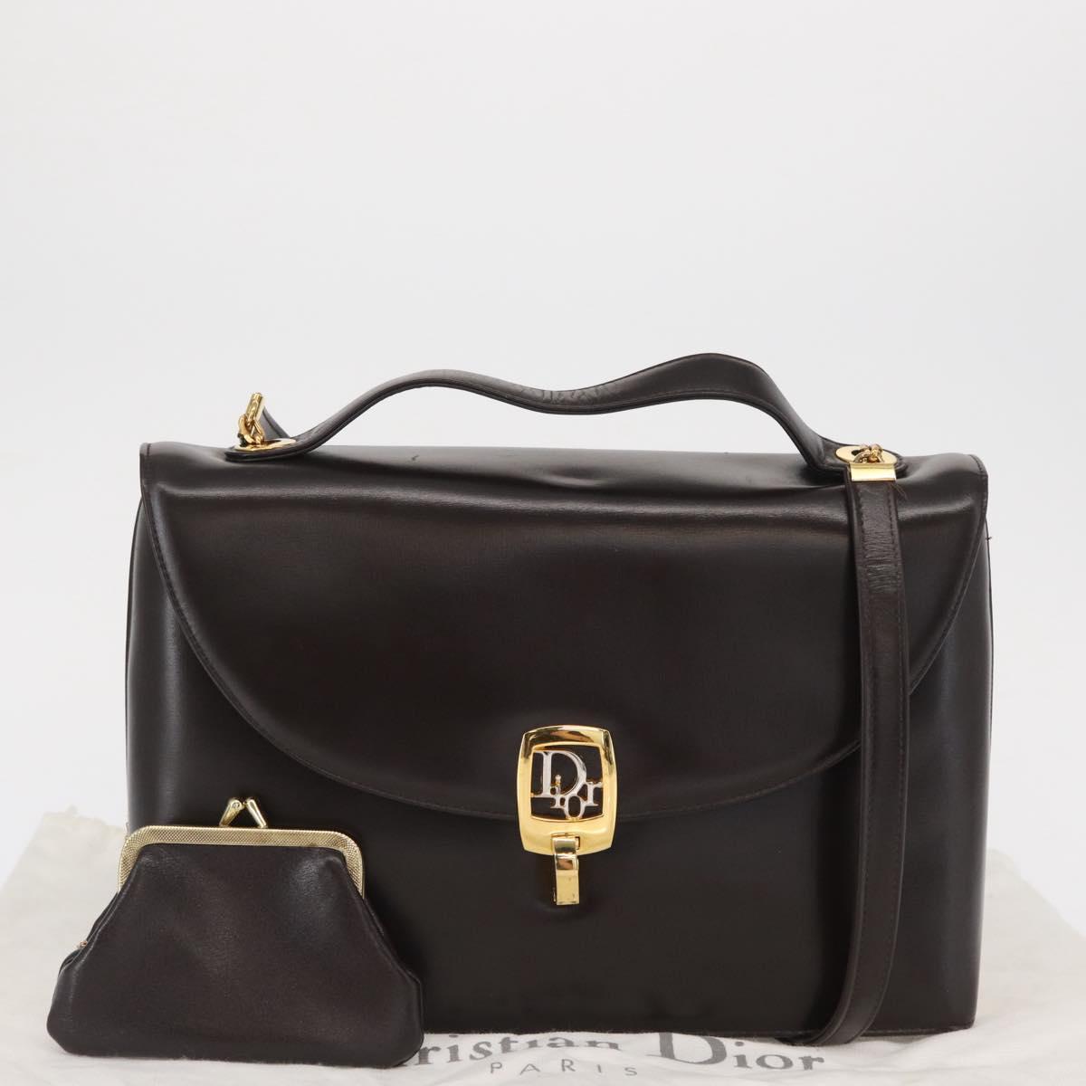 Christian Dior Hand Bag Leather 2way Black Gold Auth ka1452