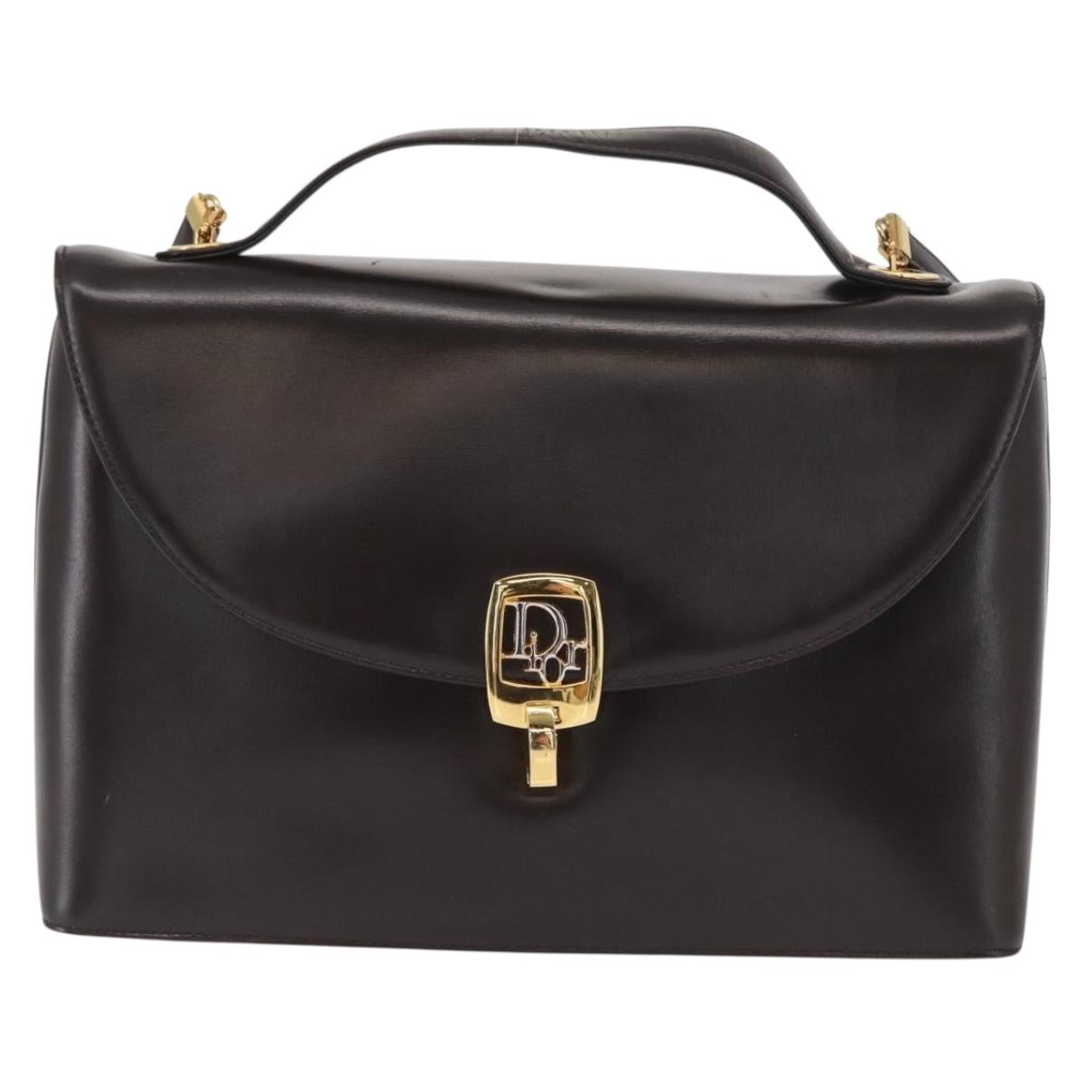 Christian Dior Hand Bag Leather 2way Black Gold Auth ka1452