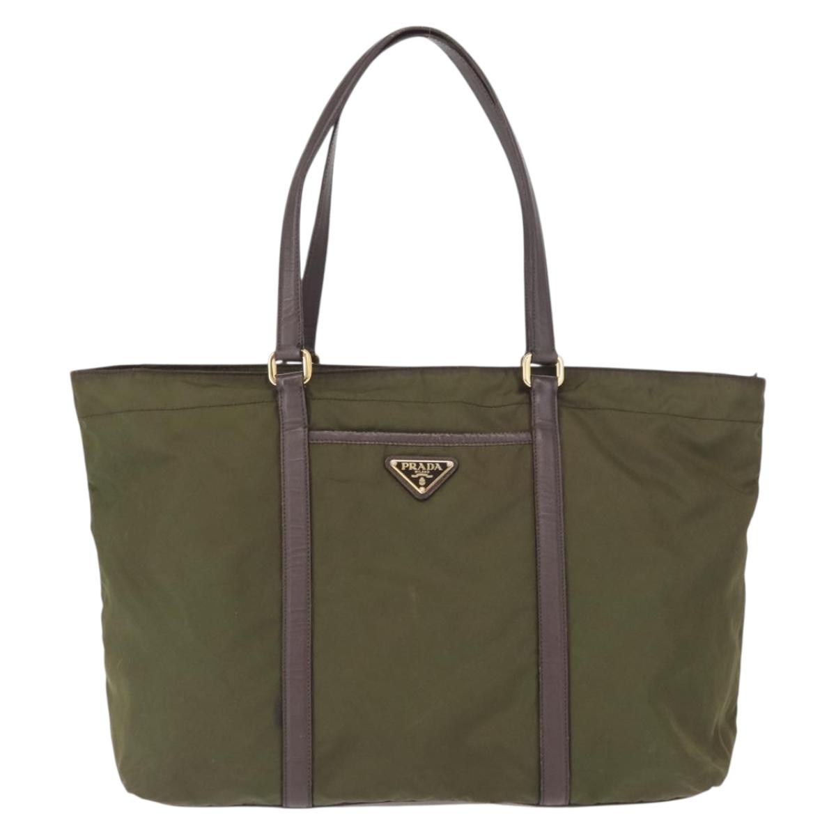 PRADA Tote Bag Nylon Khaki Gold Auth ka1455