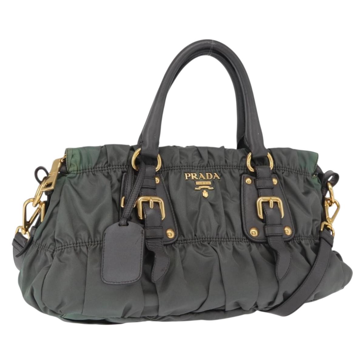PRADA Hand Bag Nylon 2way Khaki Gold Auth ka1458