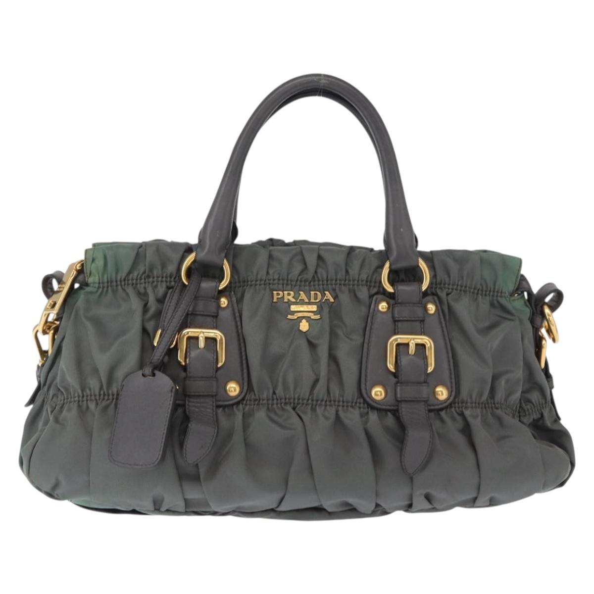 PRADA Hand Bag Nylon 2way Khaki Gold Auth ka1458