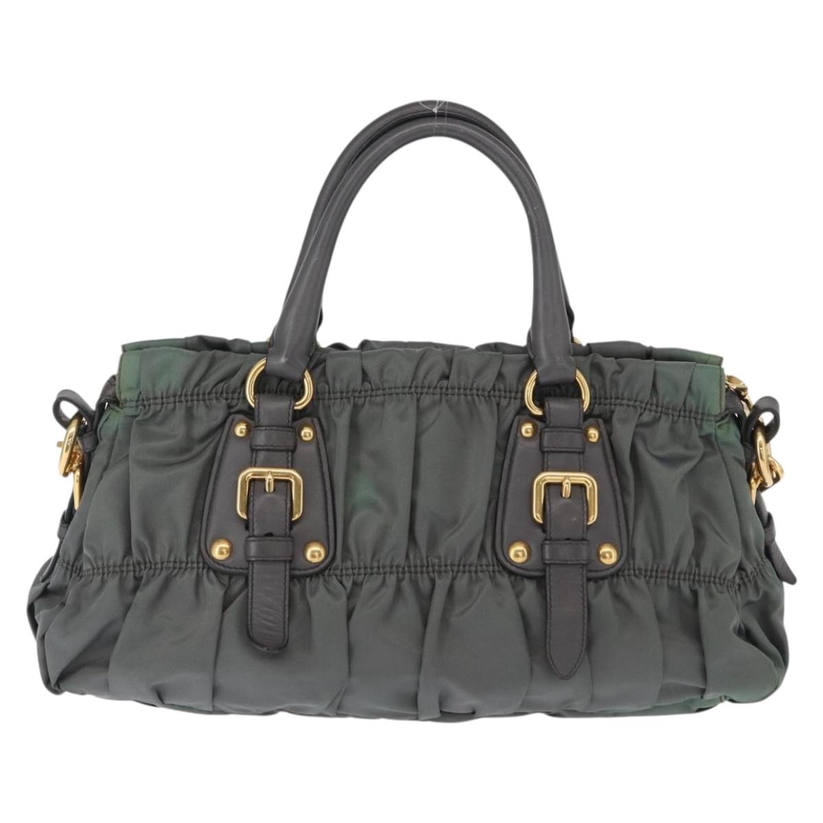 PRADA Hand Bag Nylon 2way Khaki Gold Auth ka1458