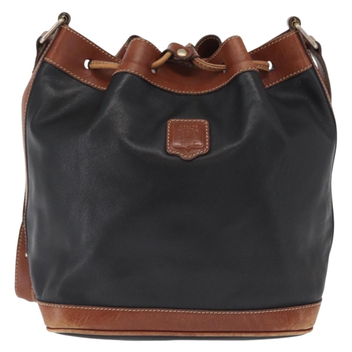 CELINE Shoulder Bag Leather Black Gold Auth ka1459