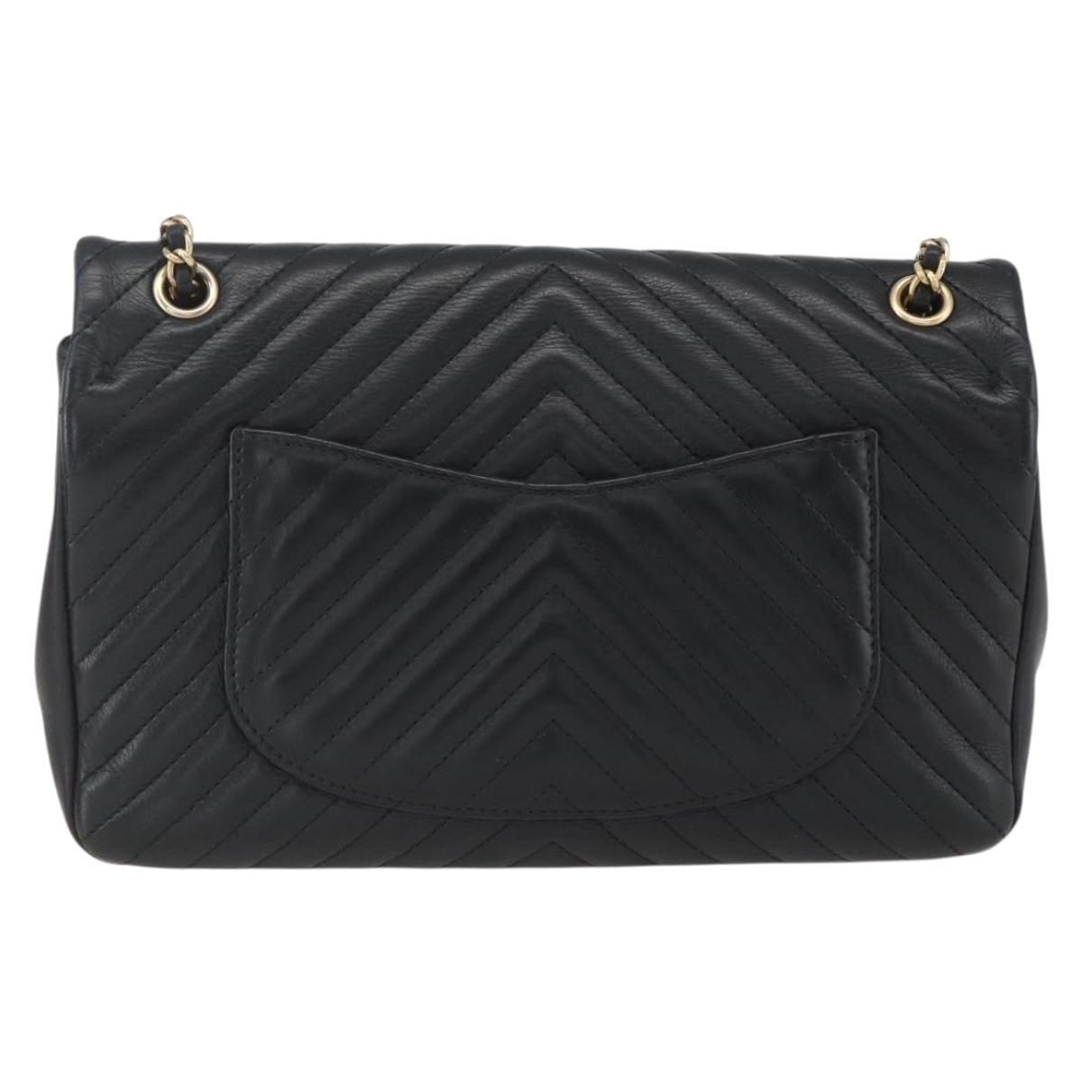 CHANEL V Stitch Chevron Chain Shoulder Bag Lamb Skin Black Gold CC Auth ka1483SAM