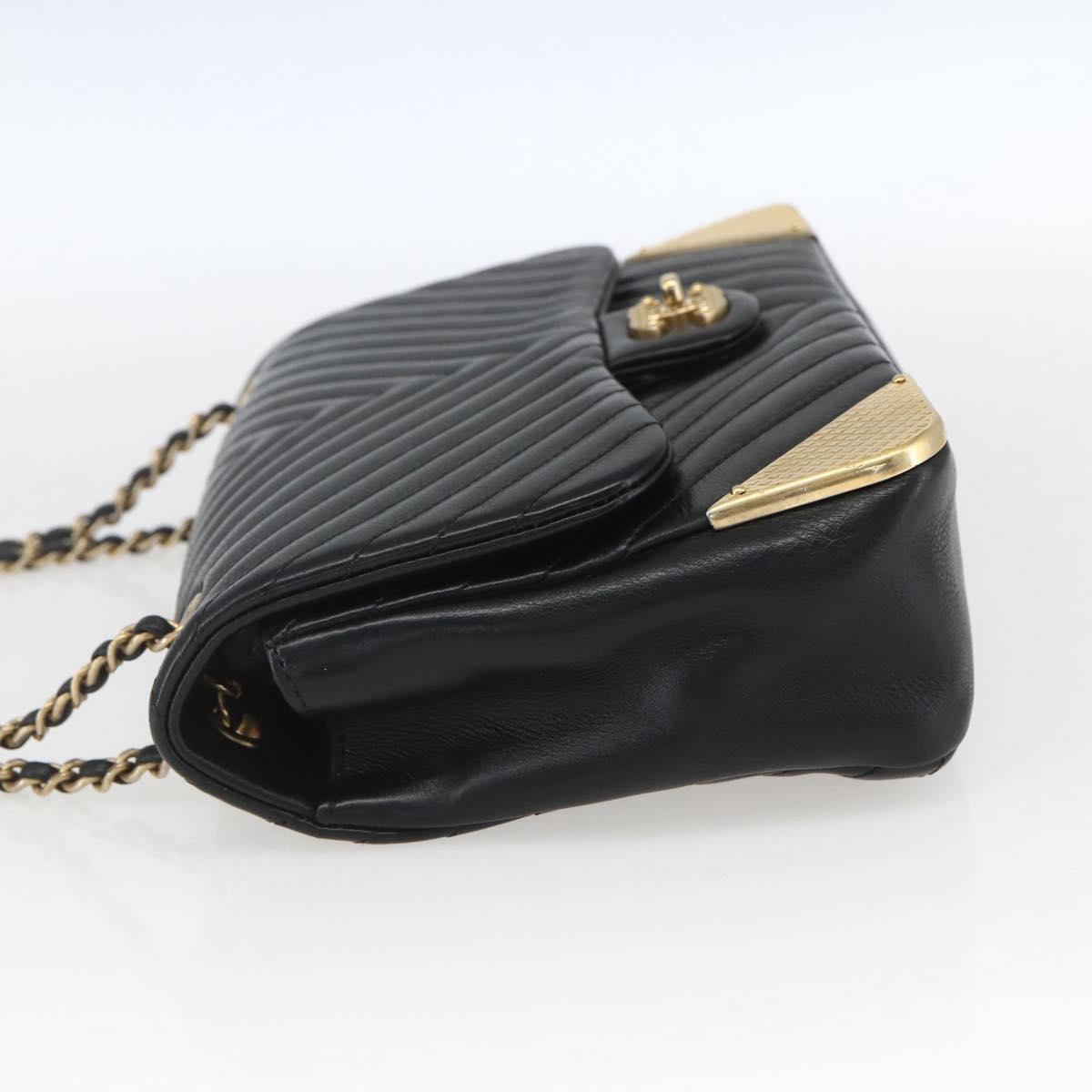 CHANEL V Stitch Chevron Chain Shoulder Bag Lamb Skin Black Gold CC Auth ka1483SAM