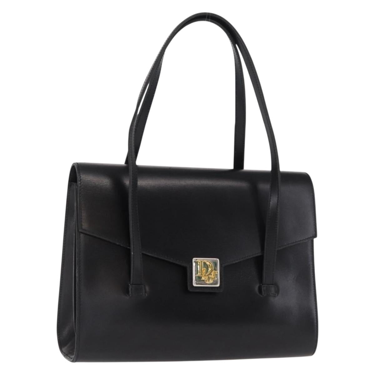 Christian Dior Hand Bag Leather Black Gold Auth ka1492