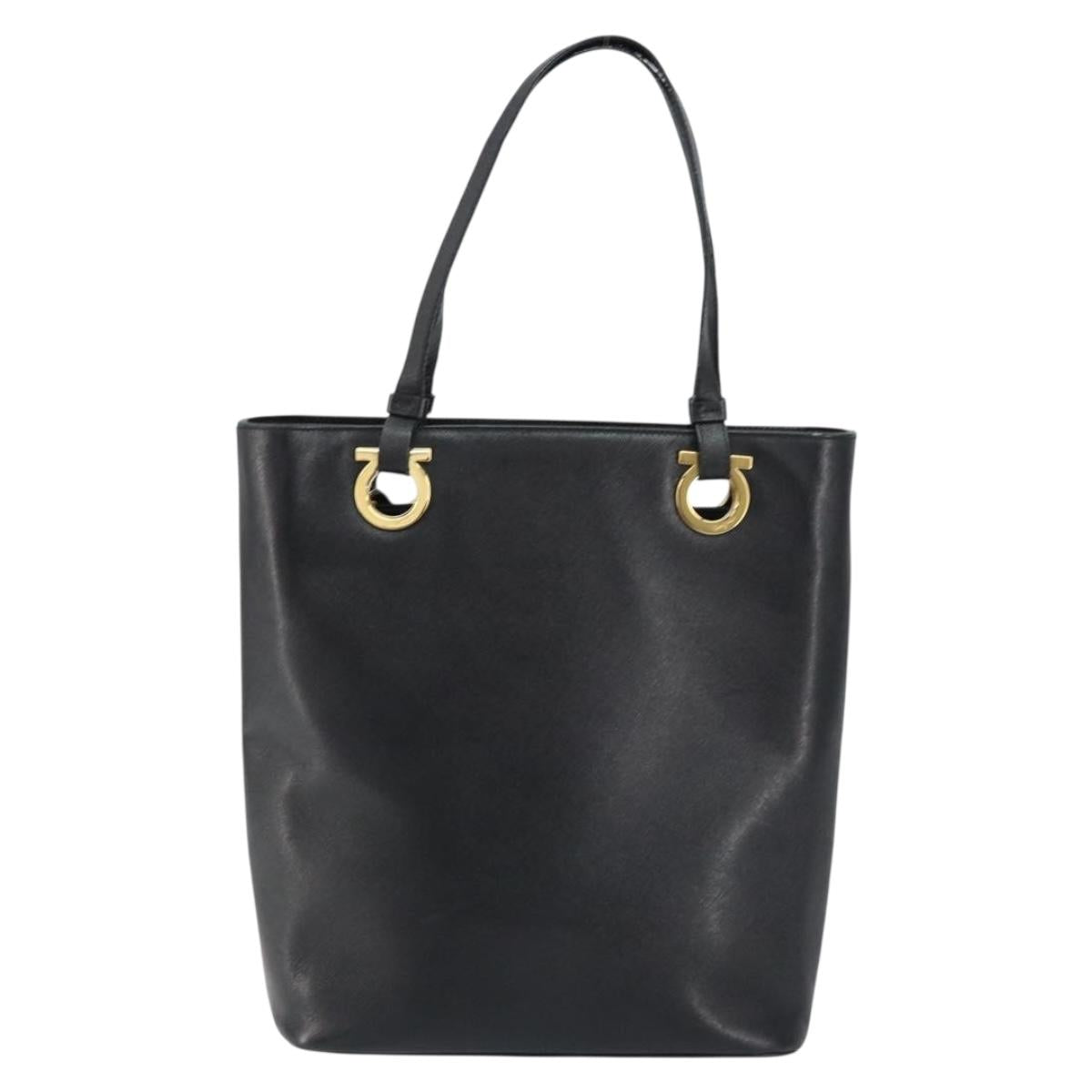 Salvatore Ferragamo Hand Bag Leather Gold Black Auth ka150