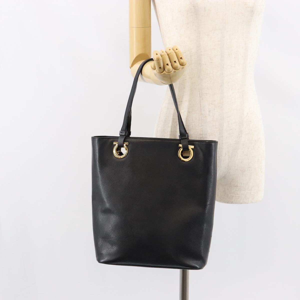 Salvatore Ferragamo Hand Bag Leather Gold Black Auth ka150