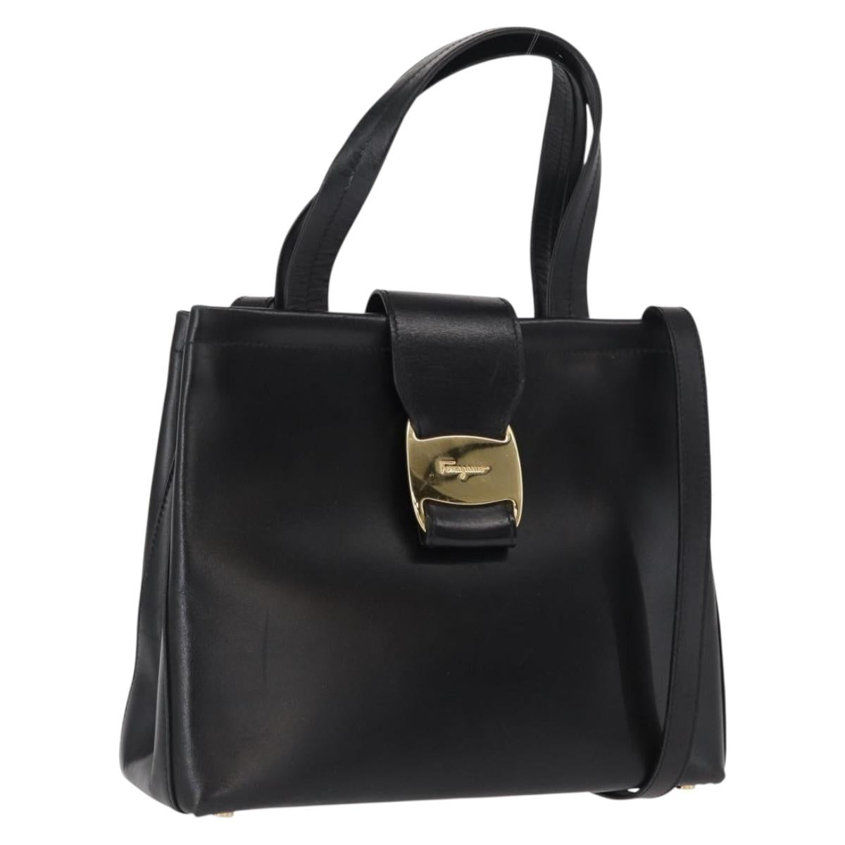 Salvatore Ferragamo Vala Hand Bag Leather 2way Black Gold Auth ka1503