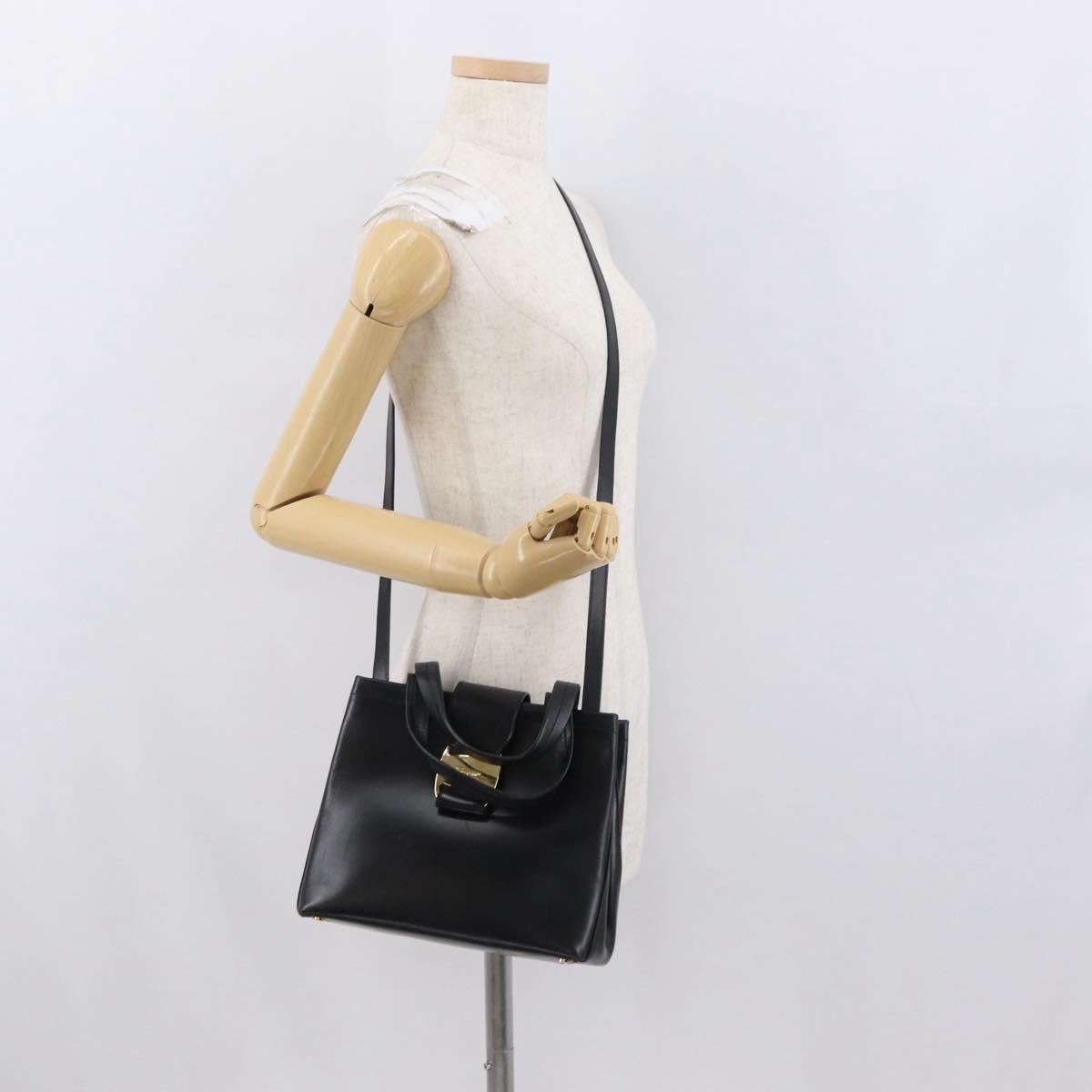 Salvatore Ferragamo Vala Hand Bag Leather 2way Black Gold Auth ka1503