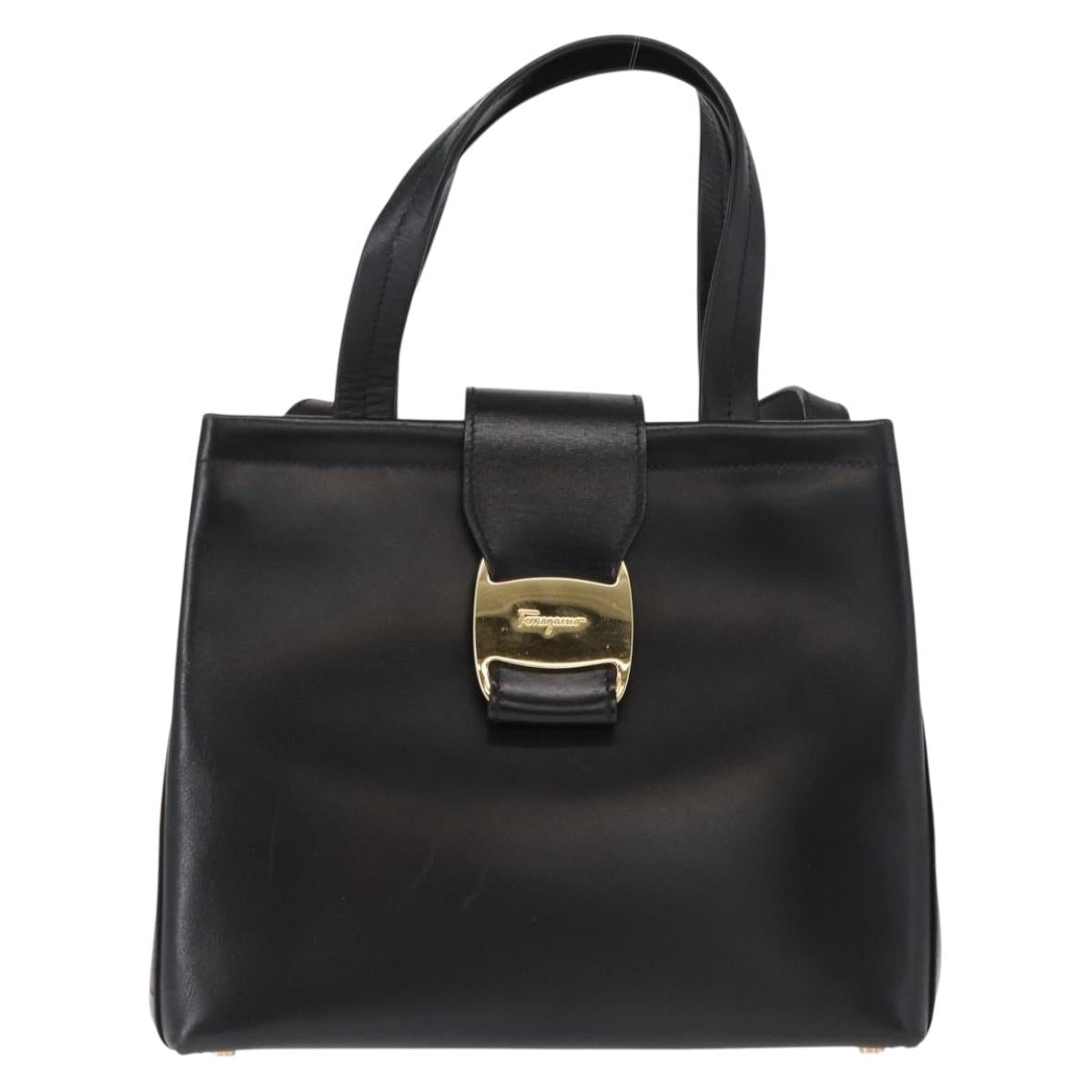 Salvatore Ferragamo Vala Hand Bag Leather 2way Black Gold Auth ka1503