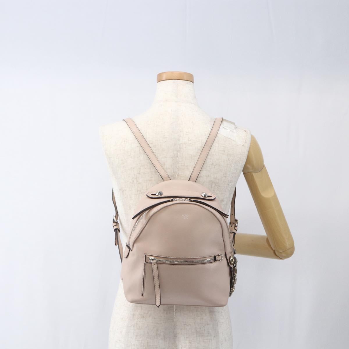 FENDI By The Way Backpack Leather Beige Silver Auth ka1520M