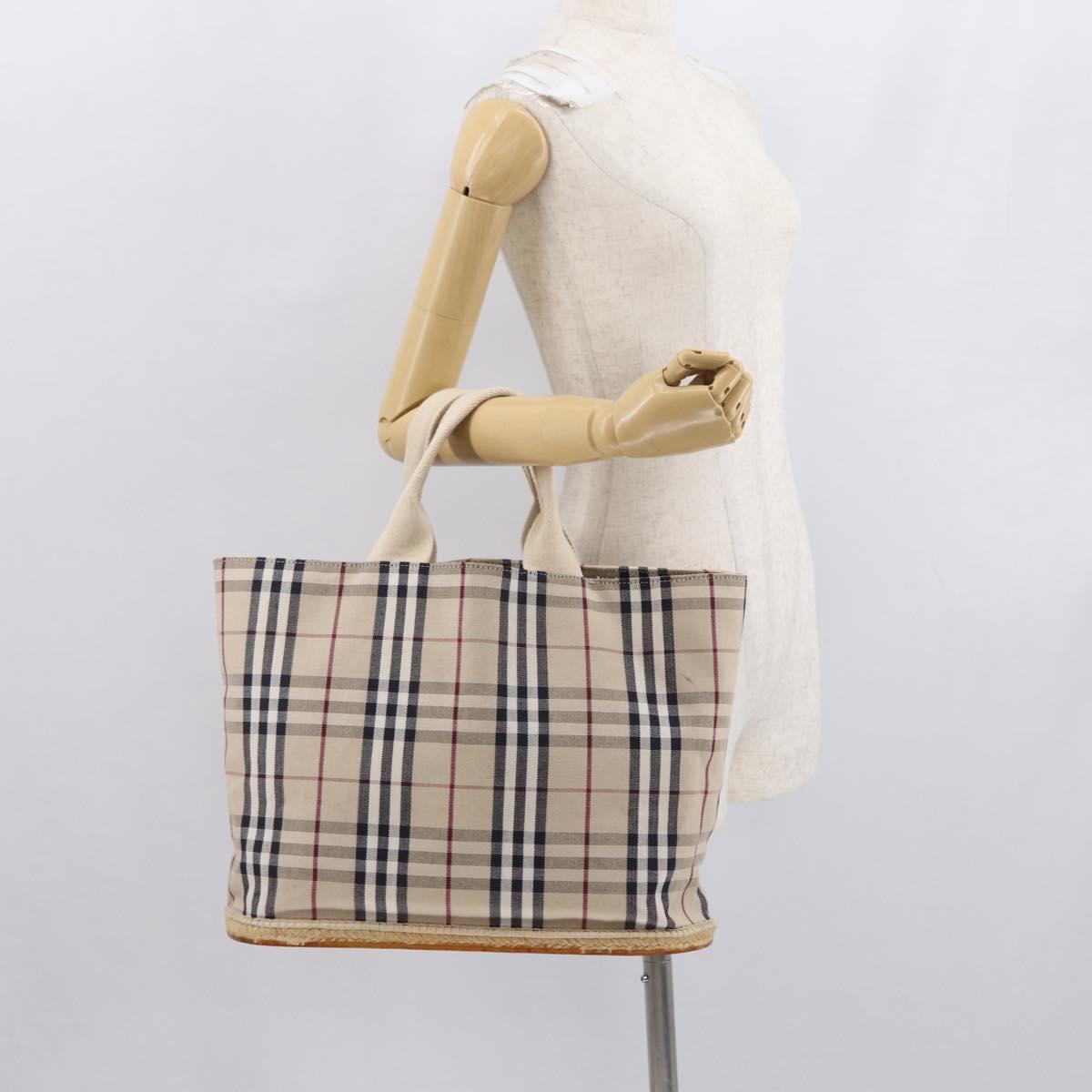 BURBERRY Nova Check Tote Bag Canvas Beige Silver Auth ka1526