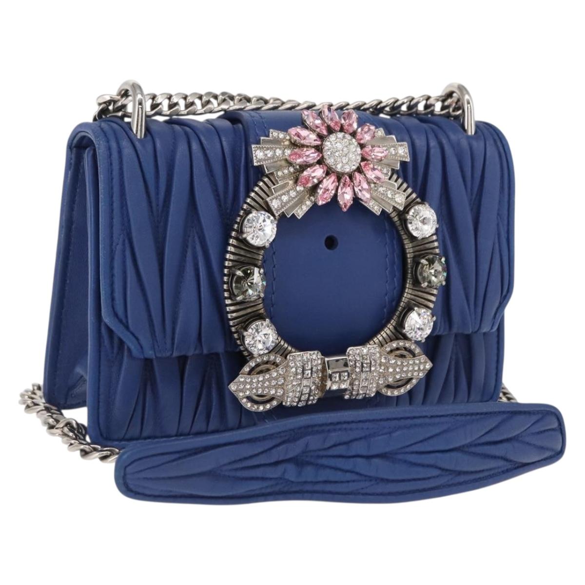 Miu Miu Matelasse Chain Shoulder Bag Leather Blue Silver Auth ka1528V