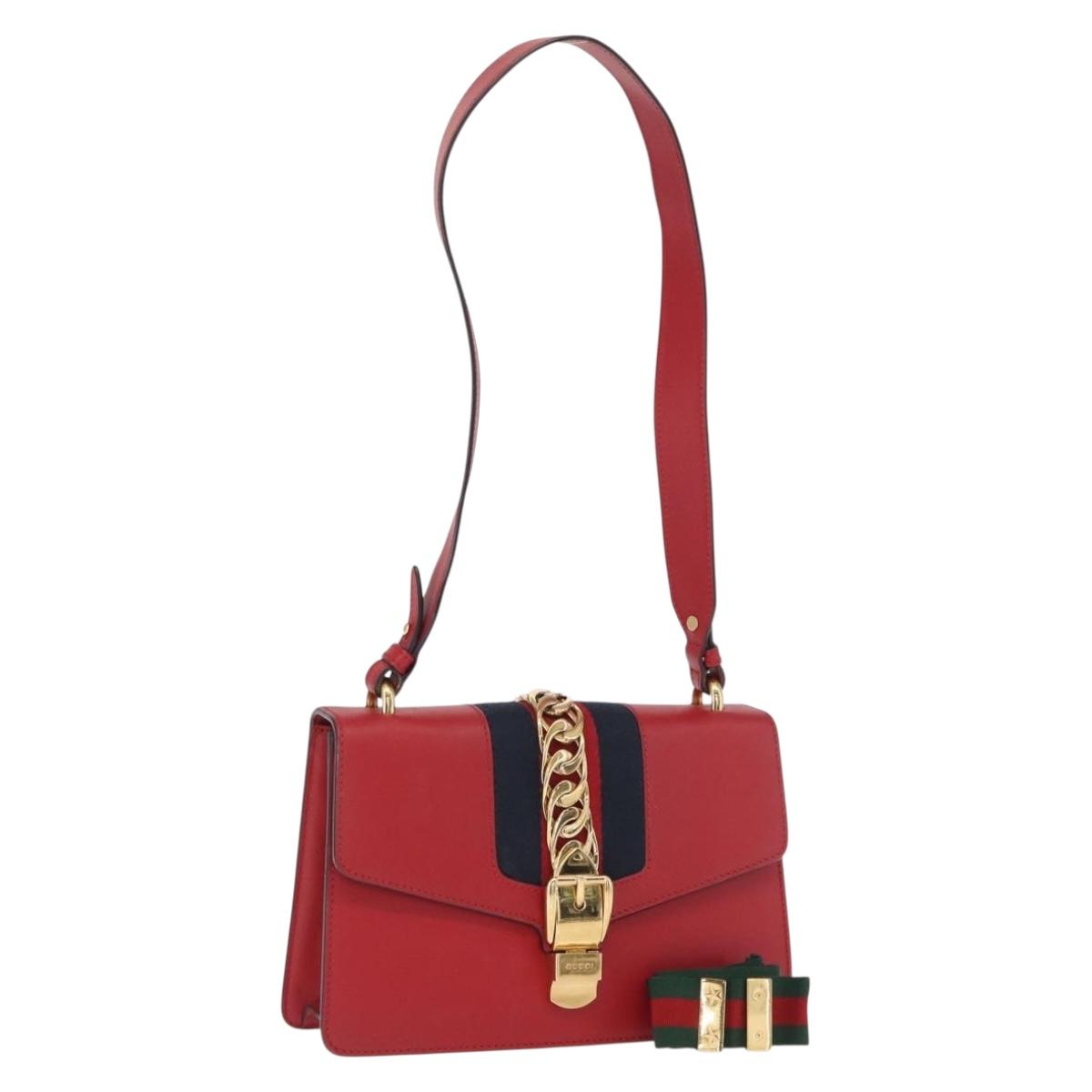 GUCCI Silvi Sherry Line Shoulder Bag Leather 2way Red Gold 421882 Auth ka1549