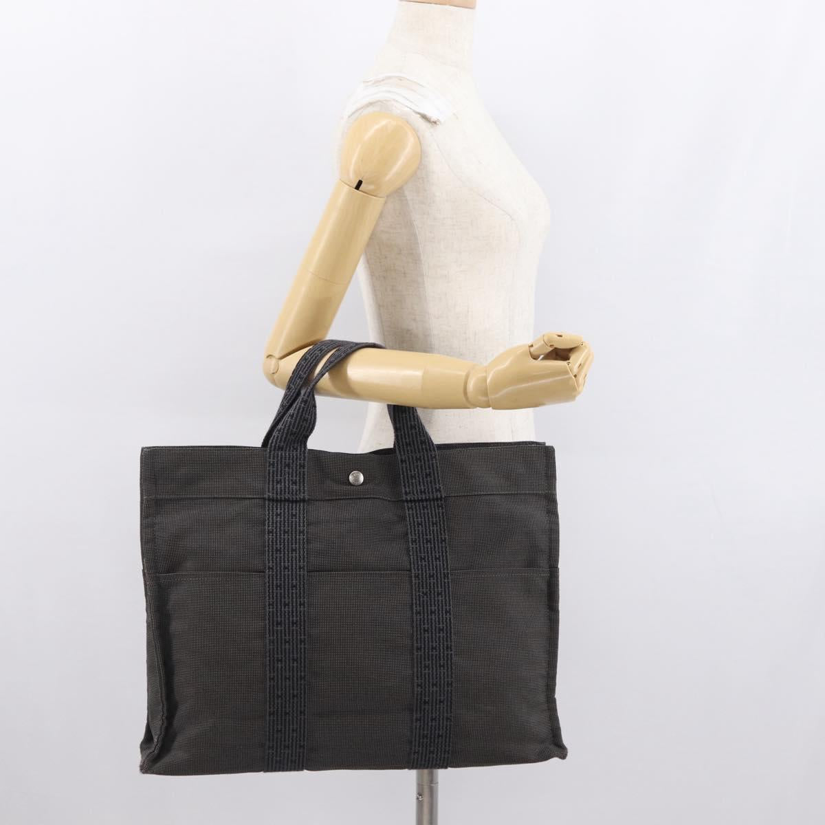 HERMES Her Line MM Hand Bag Canvas Gray Silver Auth ka1554